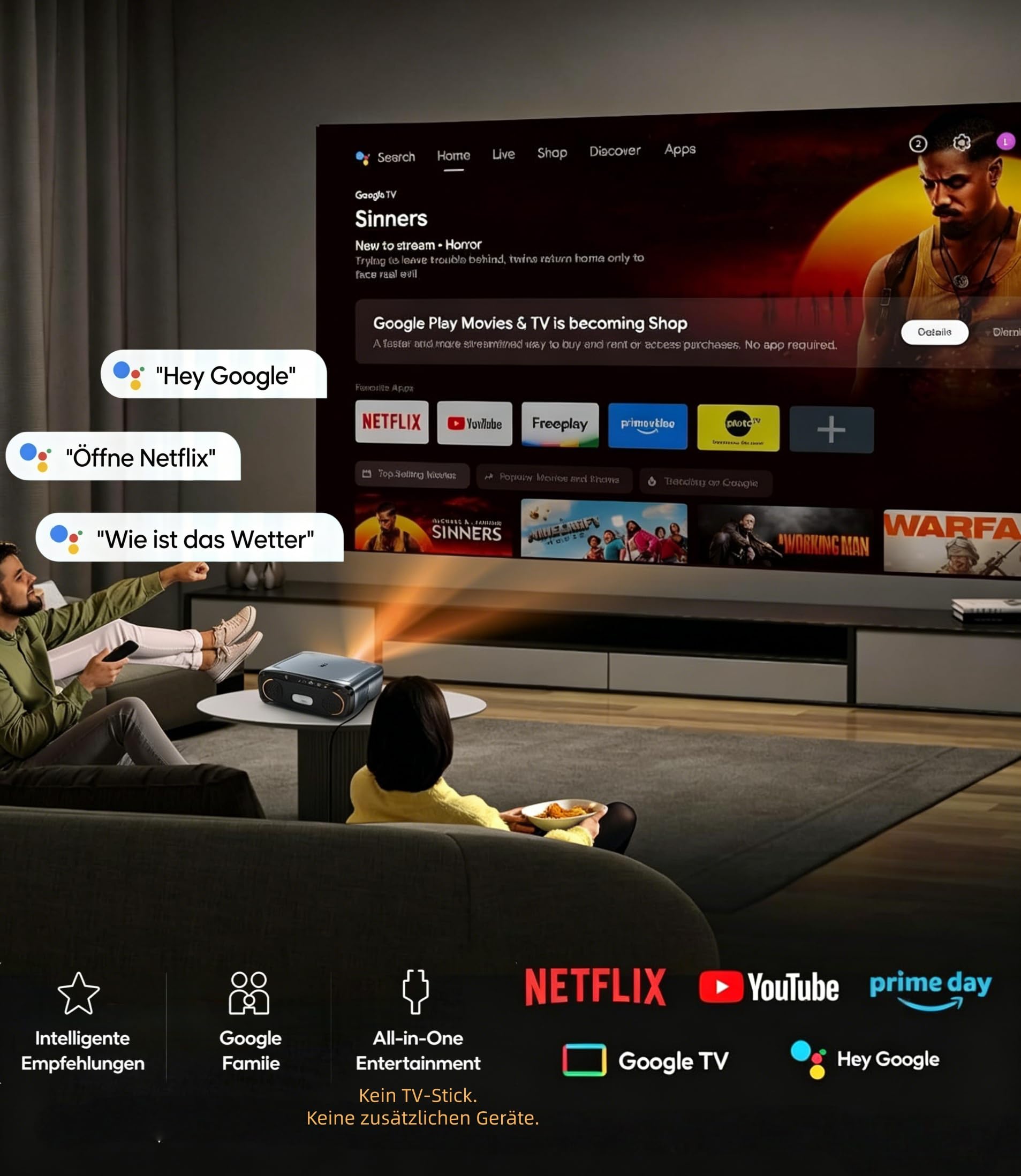 4K Google TV Tageslicht Beamer 2550 ANSI-Lumen Projektor für Heimkino | Smart Beamer,Streaming-Apps, 70W Dolby Audio,ToF-Autofokus,WLAN6,BT5.4 & NFC,HDMI ARC,MEMC Filme ,Gaming und Outdoor