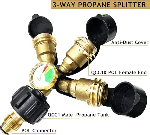 Miniatura 2 de Divisor de propano de tanque de 3 vías QCCPOL con medidor y válvula de cierre, adaptador divisor en Y, tanque de propano LP, adaptador de medidor de