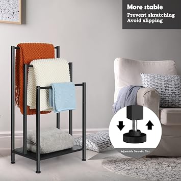 Freestanding Towel Rack, 3 Tier Blanket Rack Stand with Modern Black Wooden Shelf, Industrial Towel Stand Rack and Quilt Rack with Non-Slip Feet for Living room, Bathroom Storage, 17.1