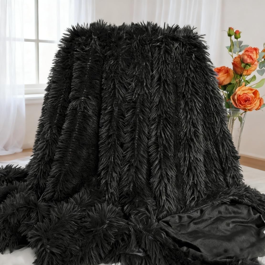 Plush Super Soft Blanket Bedding Sofa Cover Furry Fuzzy Fur Warm Throw Qulit Cozy Couch Blanket for Winter (51"x63", Black)