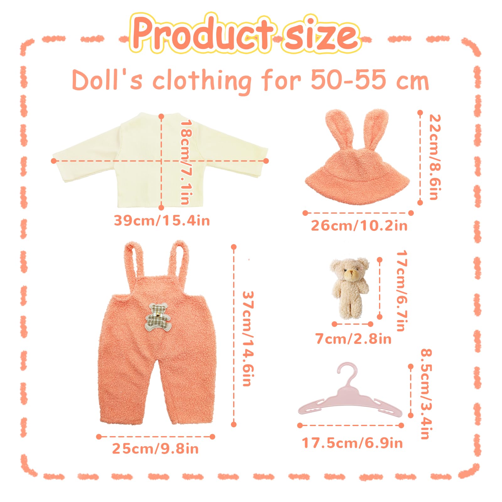 WanderGo Baby Doll clothes for 20-22 inch Dolls, 6-piece Outfit with Top + Pants + Hats + 2 Hangers + Plush Pendant - Image 2