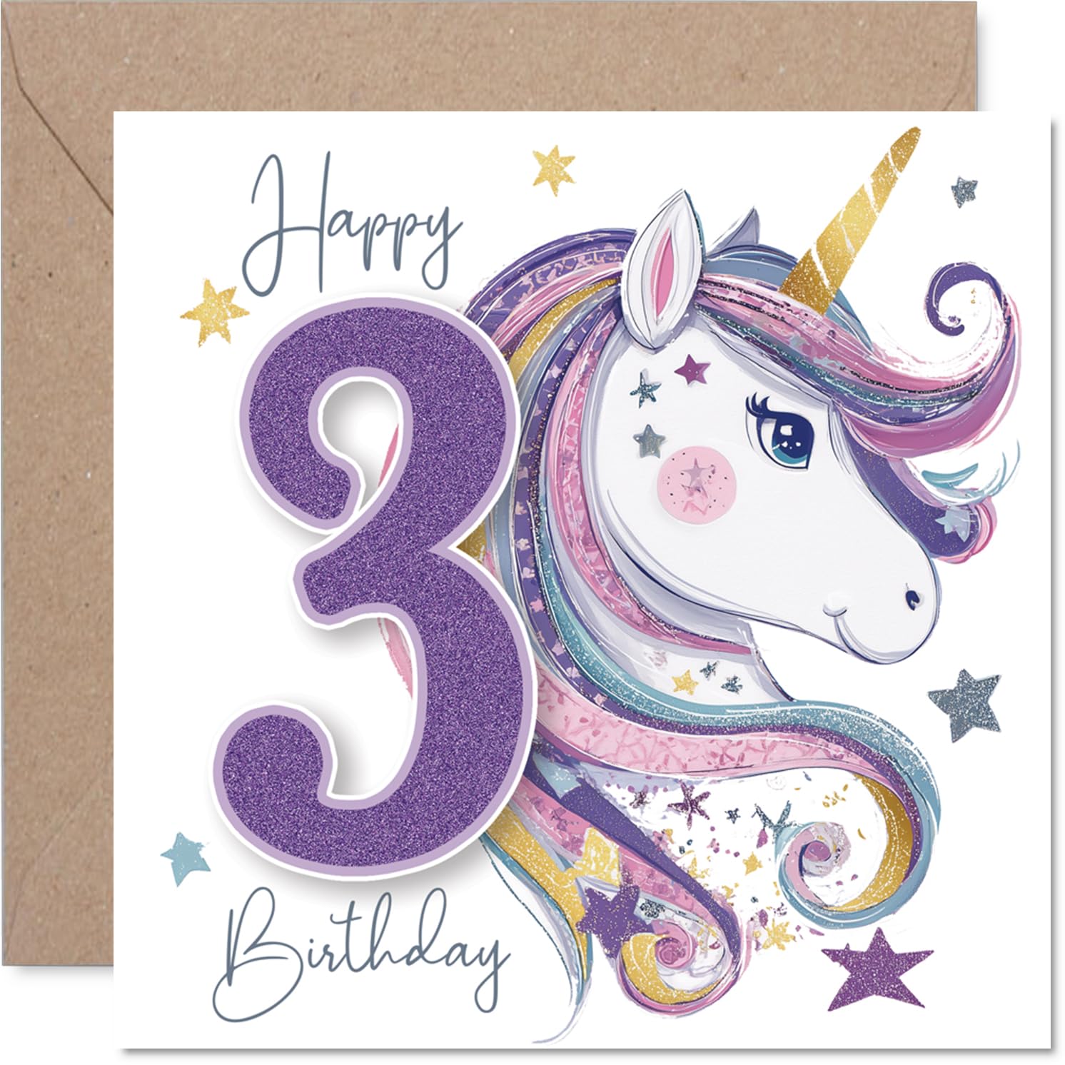 Cute 3rd Birthday Card - Sparkles and Unicorn Magic - Whimsical Unicorn with Glittery Stars in Vibrant Purple and Pink - 145mm Square, Envelope Included