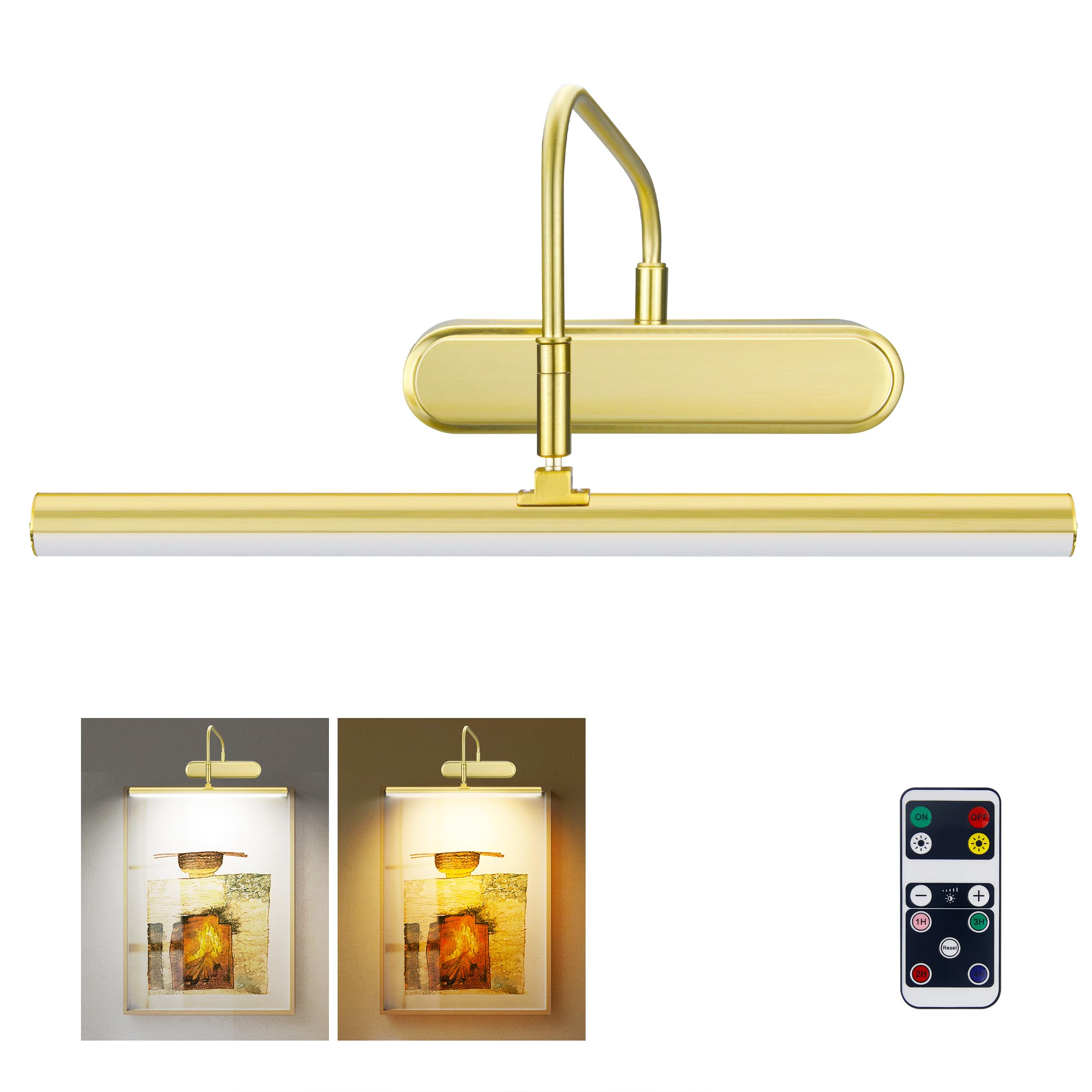 RAIFOOLLY Picture Light,3AA Battery Art Lights for Paintings,Wireless Wall Lighting,Remote Control Accent Light with Timer and Dimmable for Frame,Portrait,Dartboard-Brass