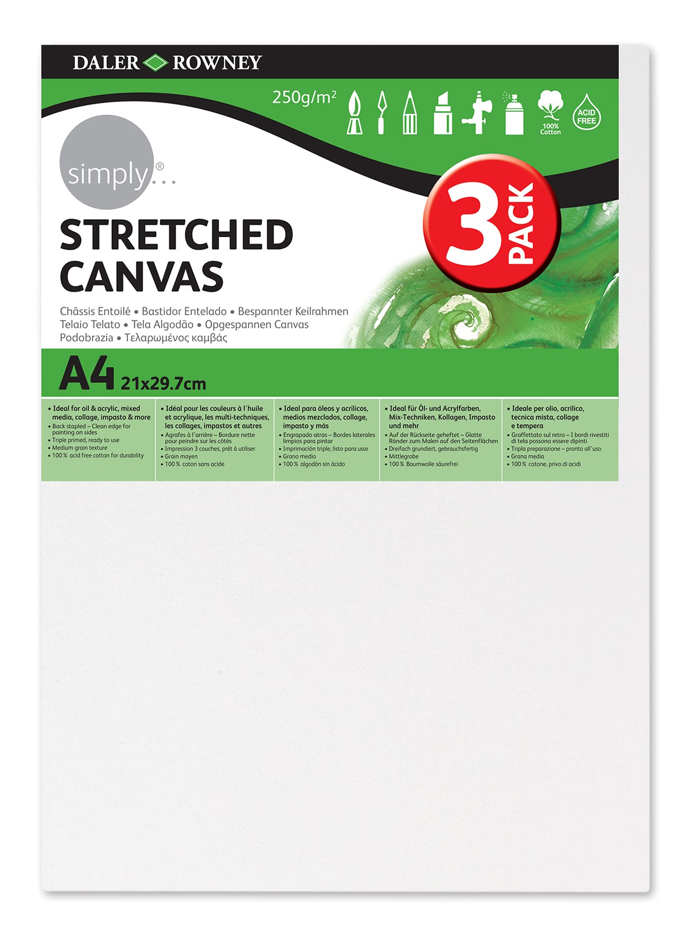 Daler-Rowney Simply Standard Canvas, Medium Grain, 250 gsm, Standard, 8.3 x 11.7in - 21 x 29.7 cm, 3 Pack
