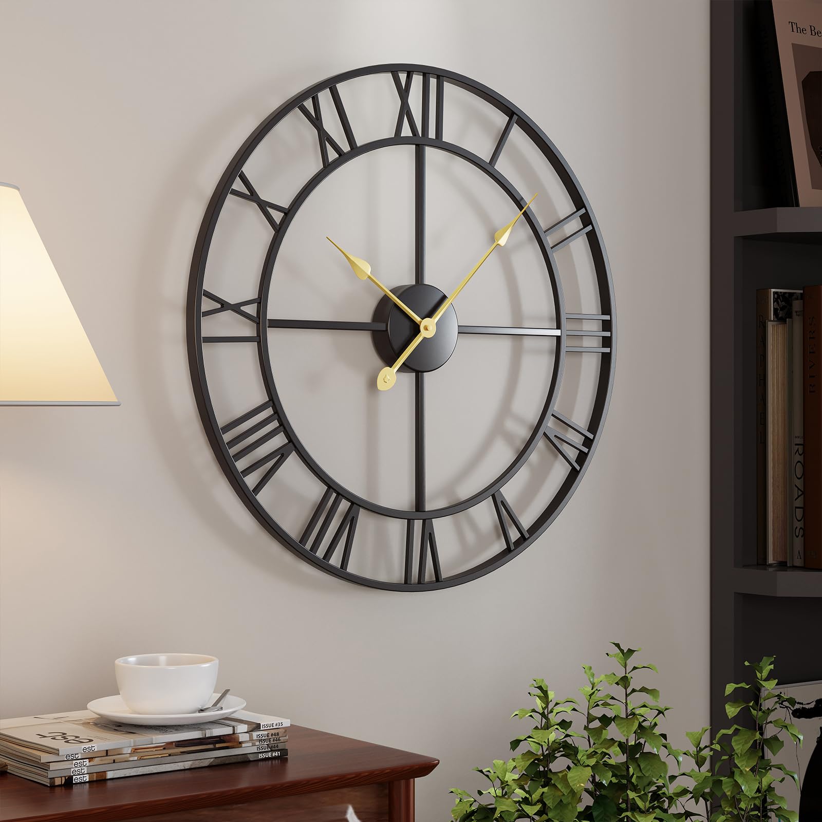 Cuspin 24 Inch Wall Clock Black, Large Decorative Wall Clocks for Living Room, Modern Metal Round Clocks Battery-Operated Completely Silent Non Ticking Roman Number