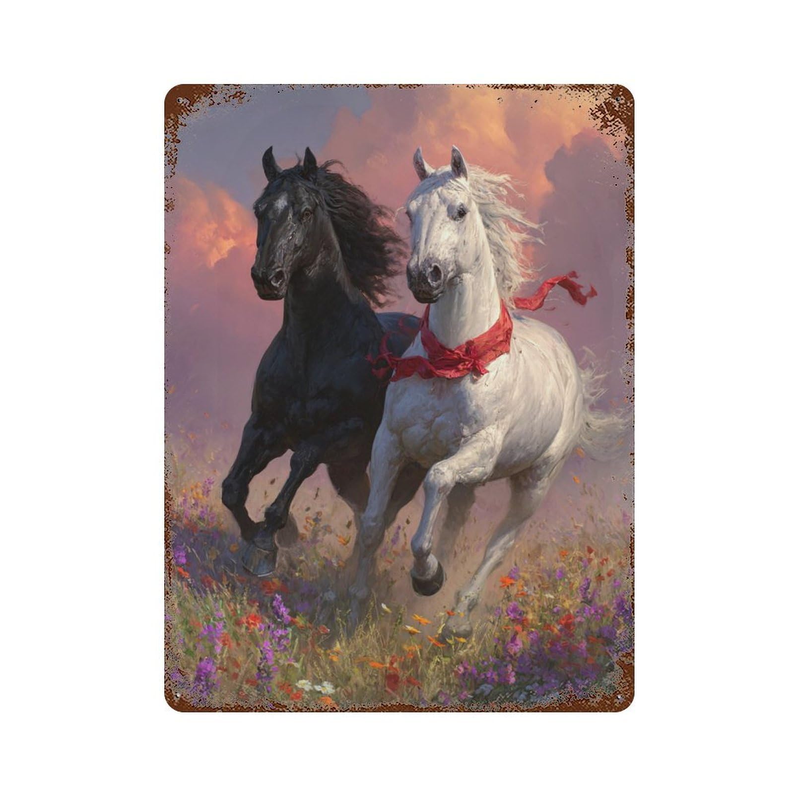 Horses Running Wildflowers Decorative Tin Sign 15.7"x11.8", for Bistro, Counter And Cafe Decor, Classic Wall Plaque