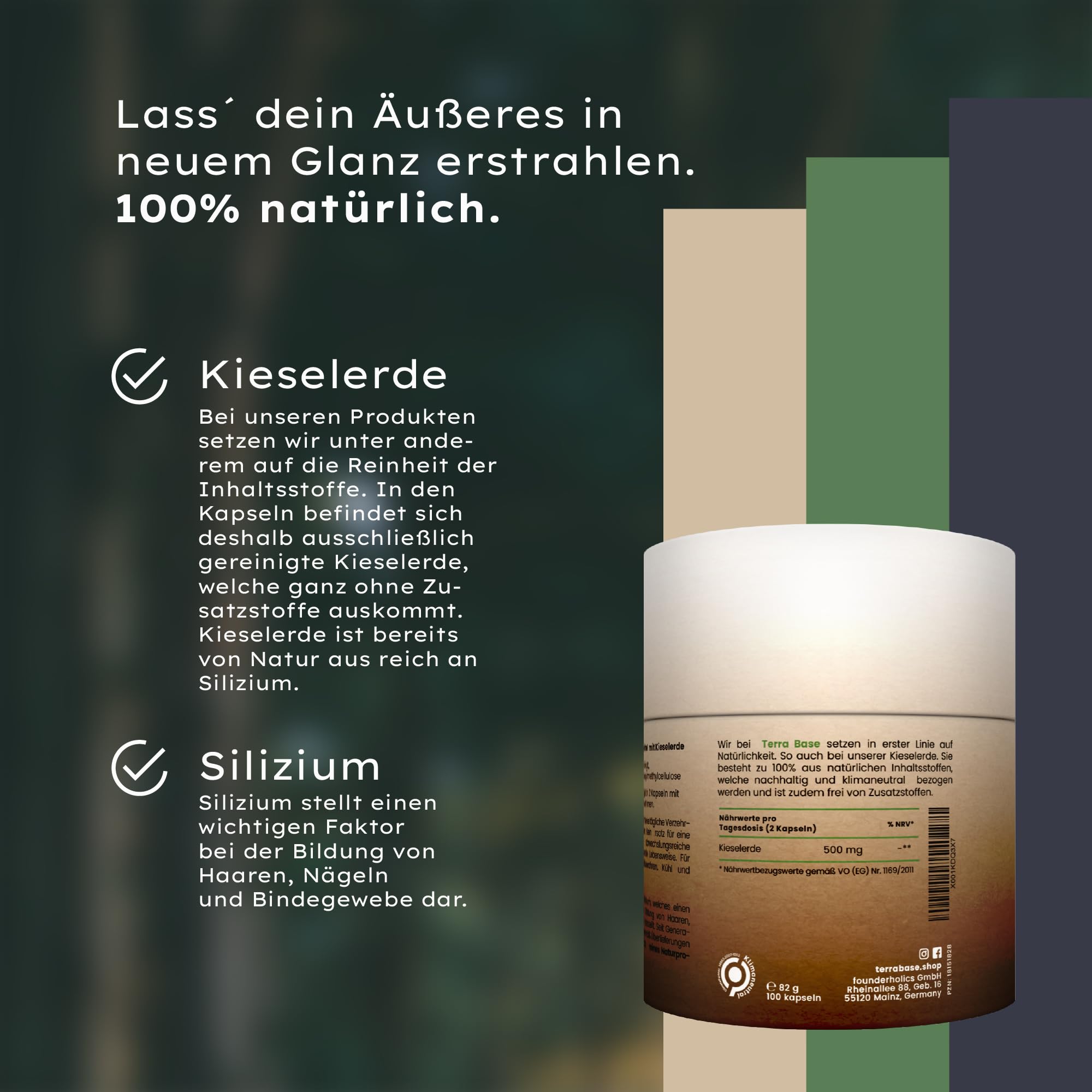 Kieselerde Kapseln natürlich & plastikfrei | Großpackung mit 120 Kapseln | nachhaltig, laborgeprüft & aus DE | Silizium für Haare, Nägel, Haut & Bindegewebe | vegan, gluten- und laktosefrei