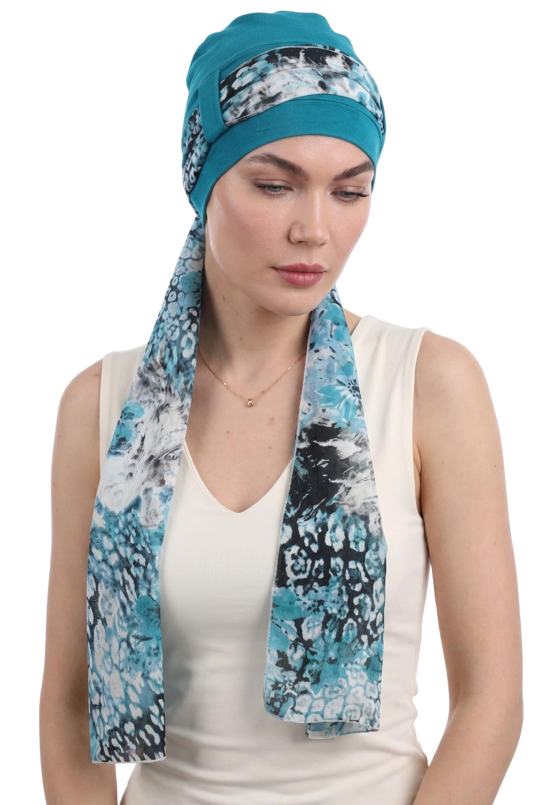 Deresina EmpowerWrap Headscarf for Women — Bamboo Cap with Scarf for Hair Loss, Breathable Chemo Headwear for Sensitive Scalps, Full Coverage, One Size (Teal Pattern 1)