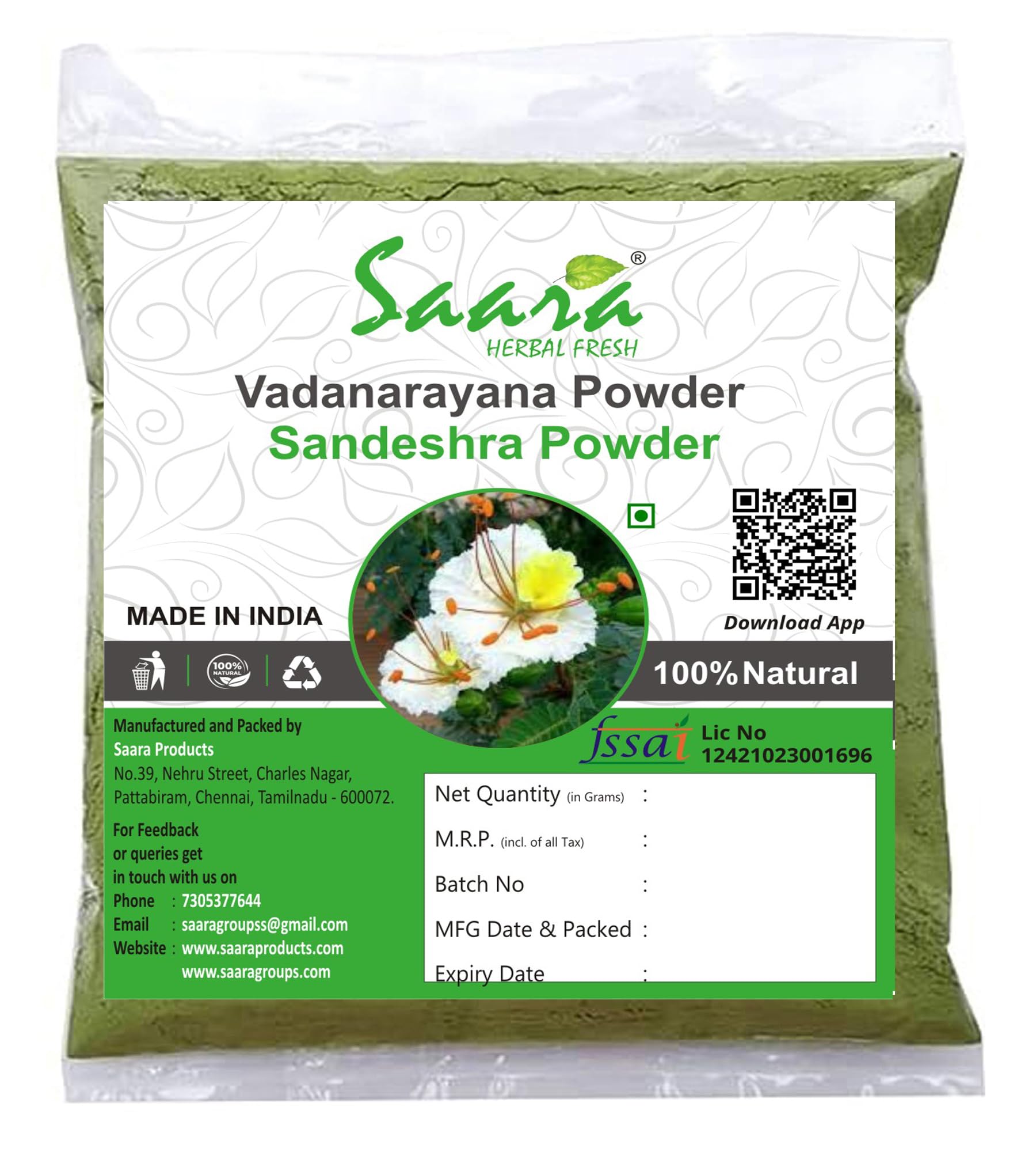 Saara HERBAL FRESH Vadanarayana Leaf Powder, 100g, White Gulmohar, Waykaran, Samrsro, Perungondrai, Chitti Keshwaramu Leaf Powder, 100g, (pack of 1 x 100g) (B07WWFDCXN) Amazon Price History, Amazon Price Tracker