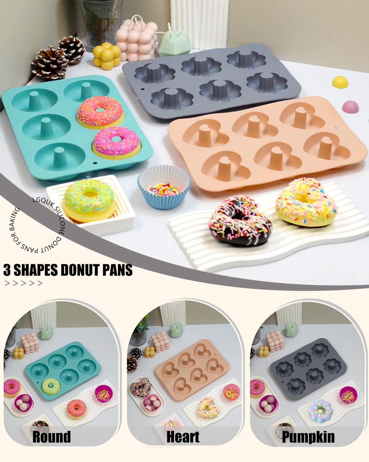 Paquete de 3 moldes de silicona para donas para hornear, molde antiadherente para donas, 6 Cavity Heritage Bundtlette Cake Molde de silicona para hornear (azul + gris + rosa) 4
