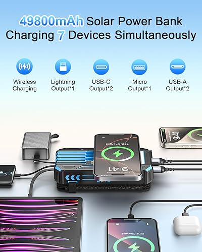 Miniatura 4 de Cargador solar de 49800 mAh, cargador de teléfono portátil inalámbrico integrado, 4 cables y 4 paneles solares, 12 W QC3.0 carga rápida USB-C