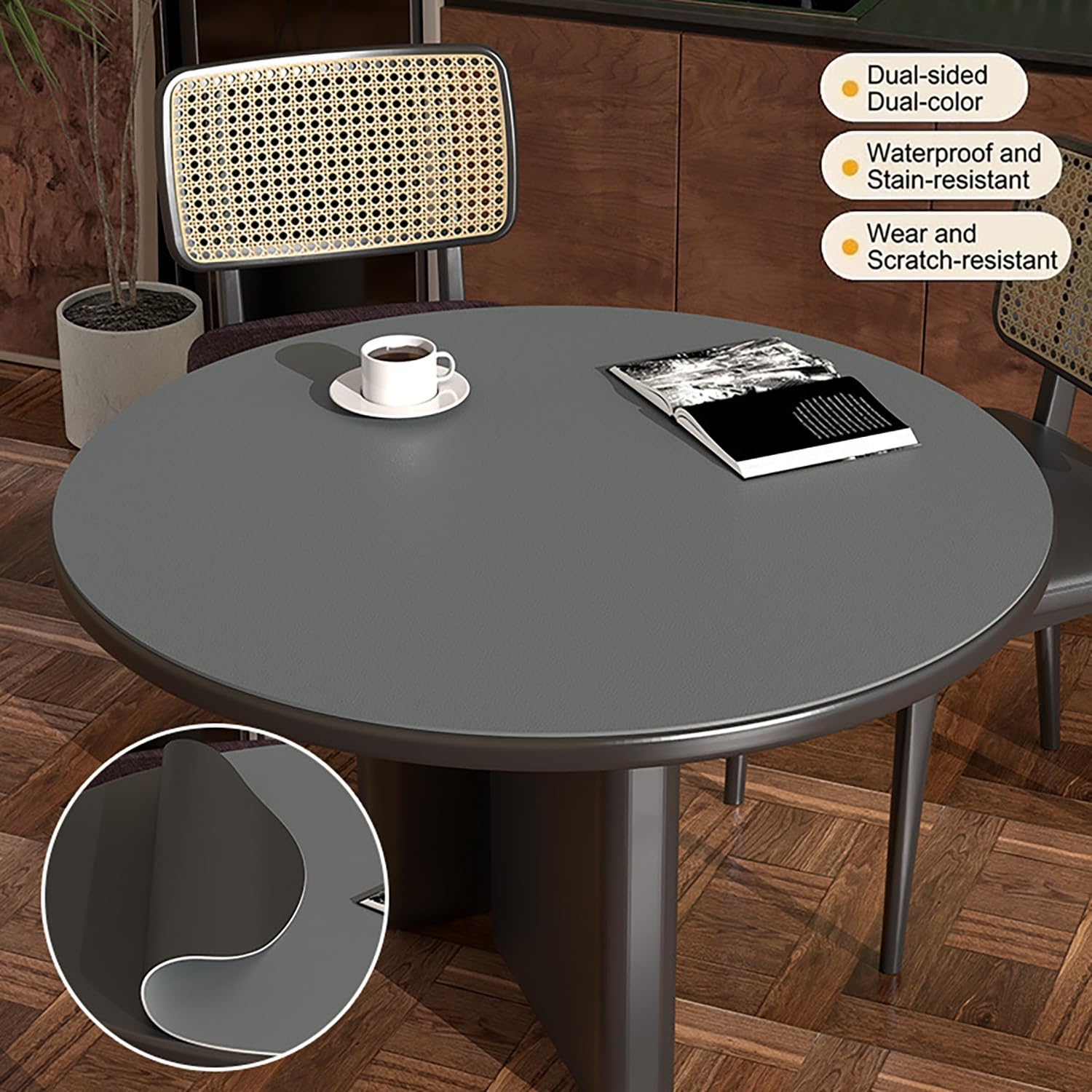 Reversibile Tovaglia Rotonda 120/180/160/140 cm Copritavolo Rotondo Impermeabile in Pelle Sintetica 2mm Spessore Protezione Tavolo per Sala da Pranzo Cucina Scrivania(Grey*Black,120cm)