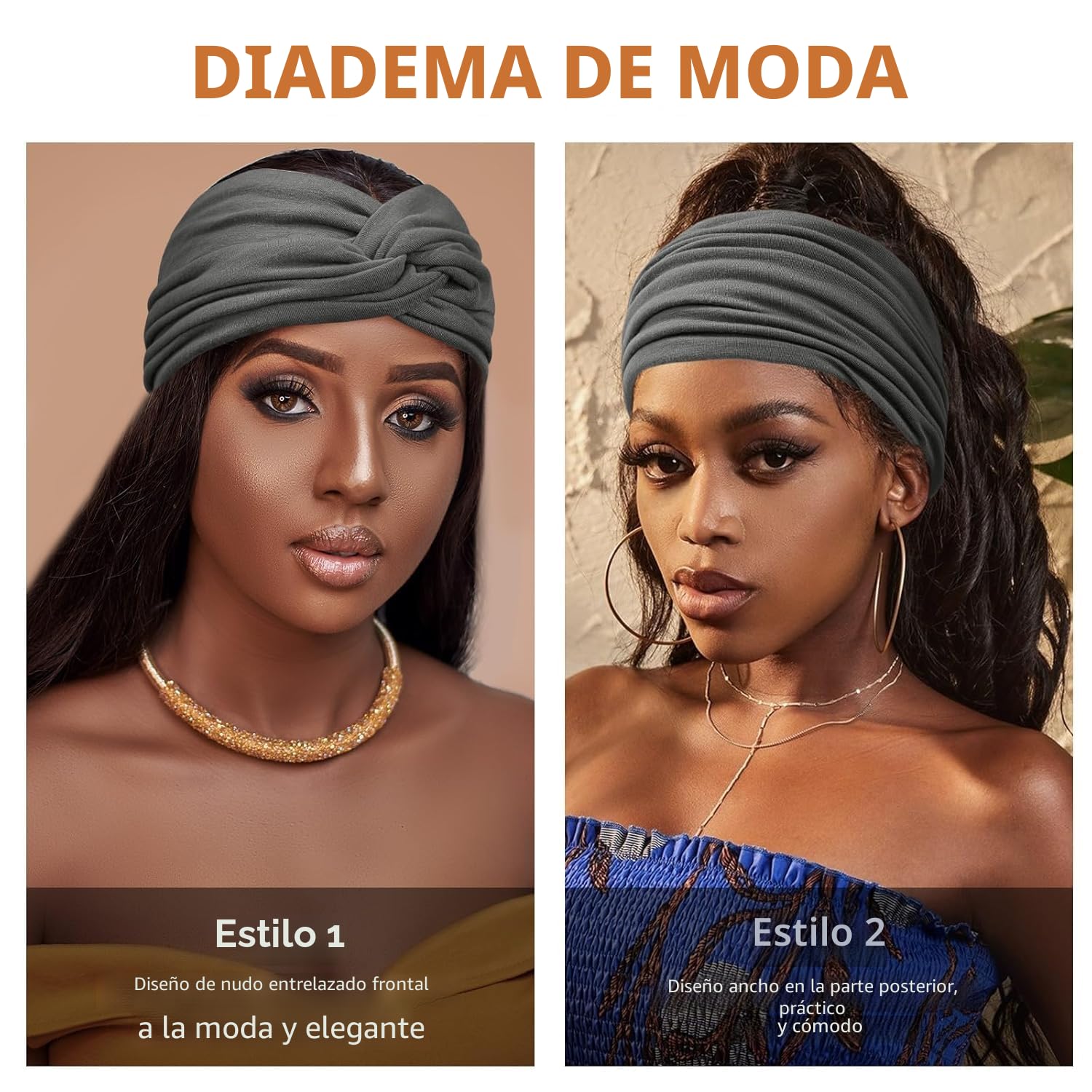 Mujer Cinta Pelo Elástica Ancha Turbante Bandana 4 Pcs 7'' Gris