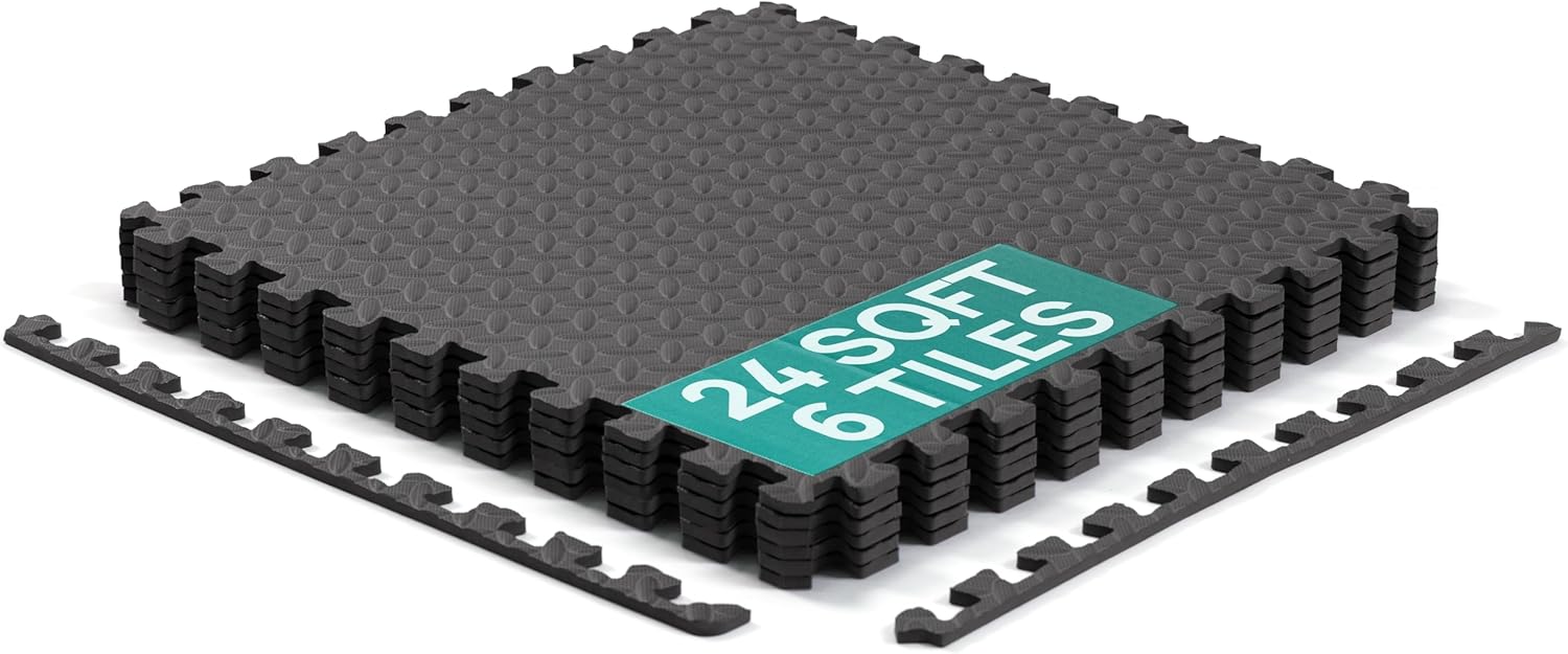 Yes4All 24SQFT-120SQFT Puzzle Exercise Mat for Home Gym, EVA Interlocking Foam Floor Tiles with Border for Workout Equipment Black I. 1" Thick, 24SQFT