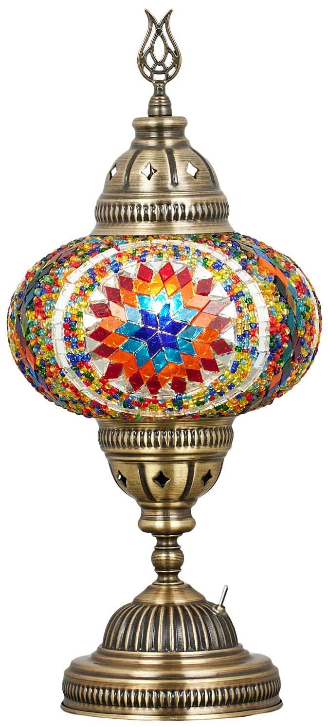 DEMMEX Lámpara de mesa de mosaico a pilas con bombilla LED integrada, mosaico turco marroquí, mesa de escritorio, mesita de noche, lámpara de noche con bombilla LED, sin cable (fuego espacial)