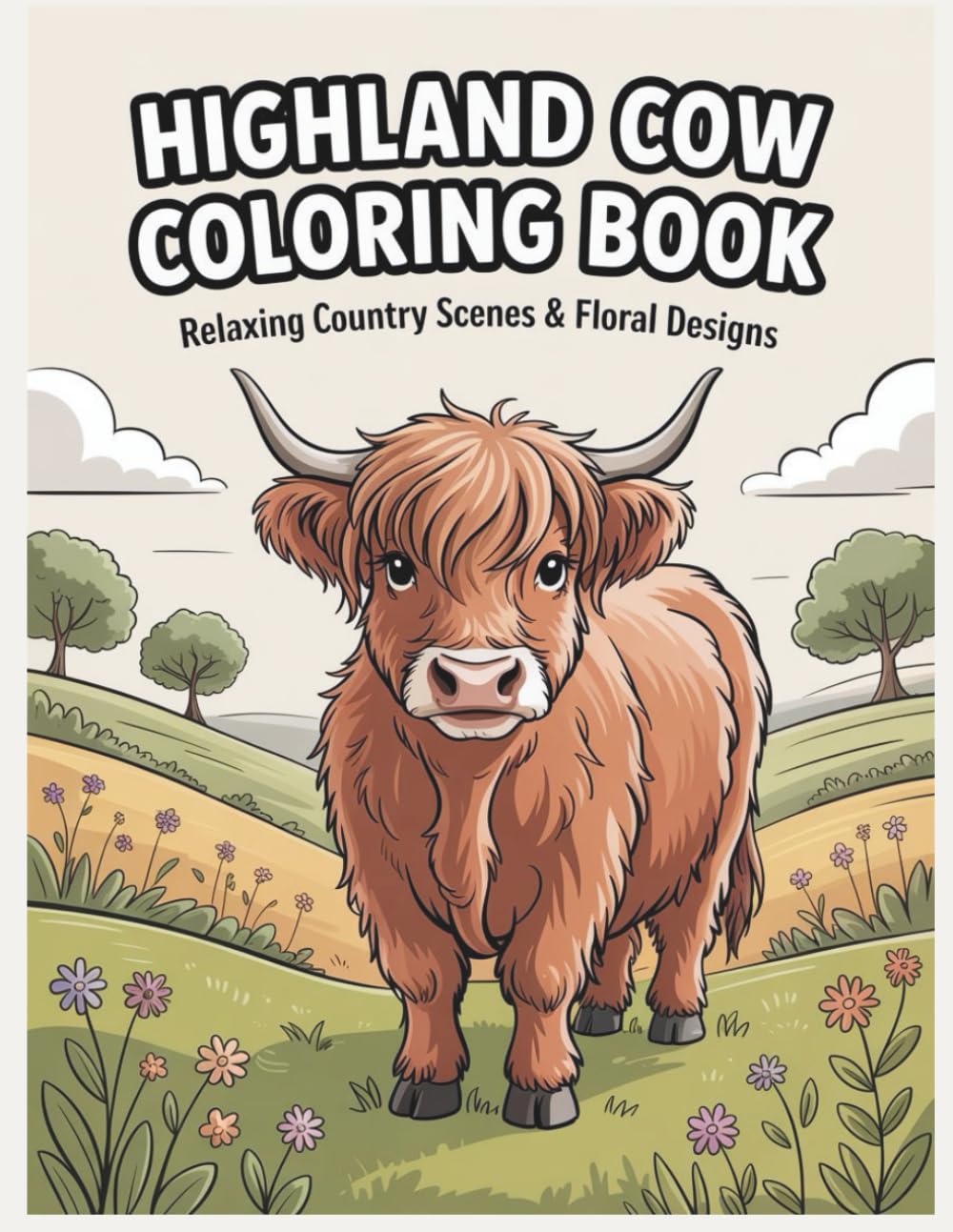 Highland Cow Coloring Book for Adults and Kids: Relaxing Country Scenes and Floral Designs — A Perfect Gift for Animal and Farm Lovers