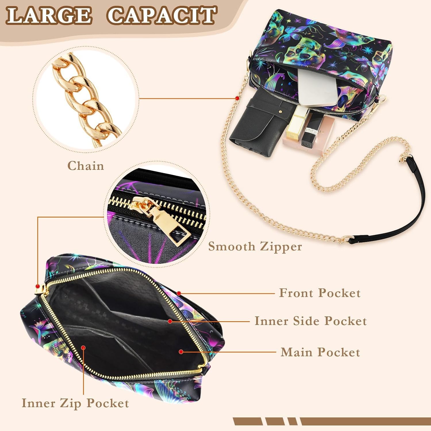 KLL Neon Rainbow Color Skull and Flowers Gothic Fantasy Style Fashion Small Crossbody Bag Women Vegan Leather Casual Womens Purse Waterproof Ladies Shoulder Handbags