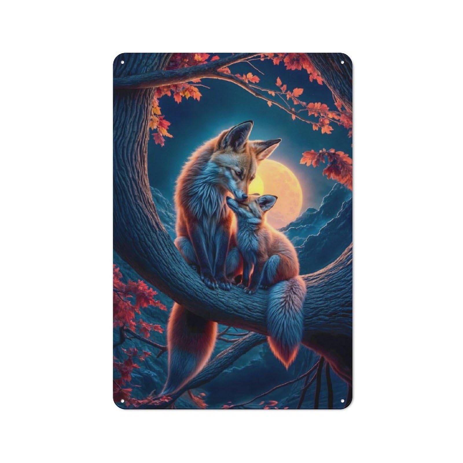 Junmoney Moonlit Fox Family Embrace Metal Wall Sign 30X20cm Featuring For Home Bar Wall, Housewarming Present For People Styling Home Bar
