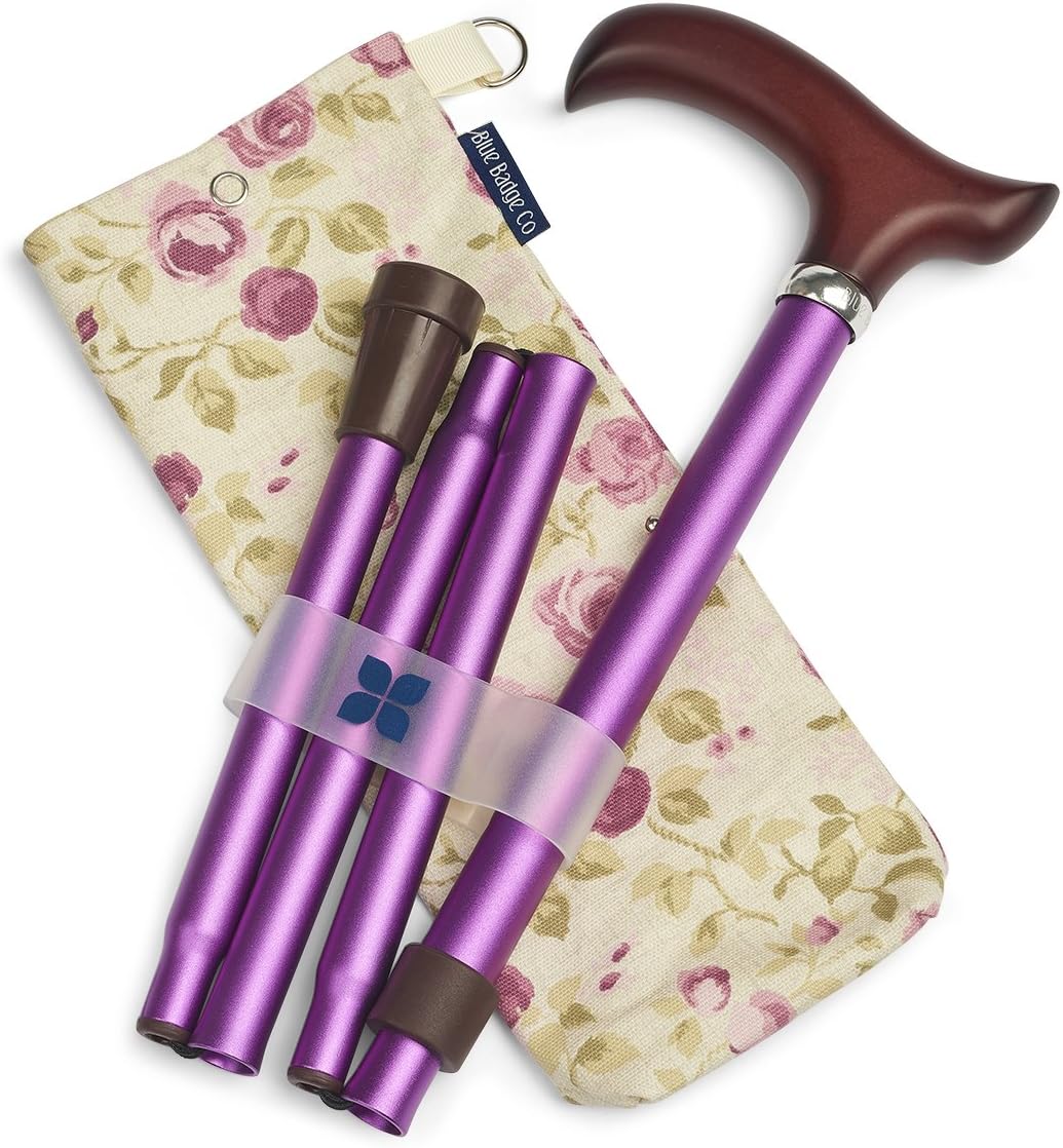 Lightweight Durable Adjustable Folding Walking Stick in Purple & Stylish Storage Bag in Mulberry Rose from Blue Badge Co