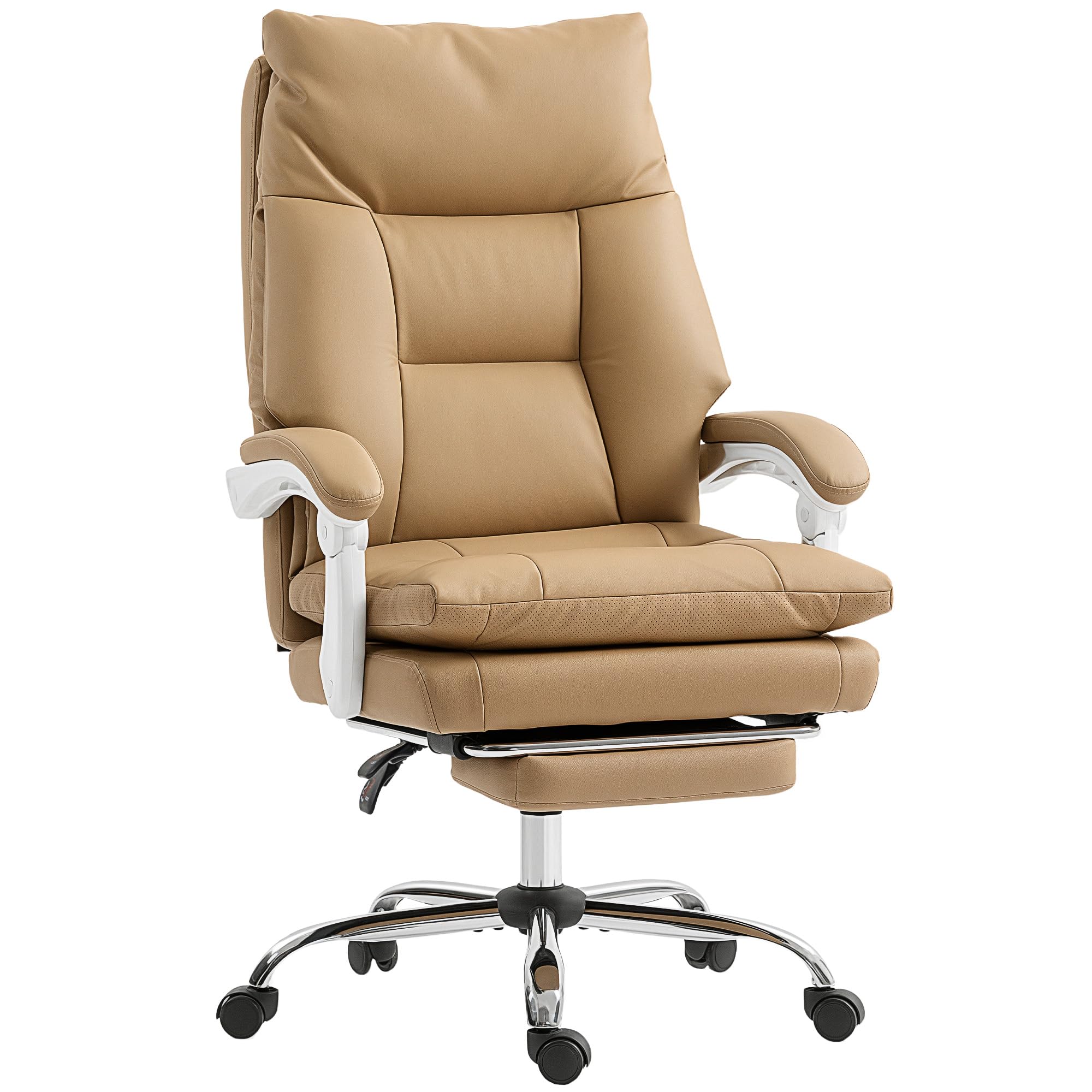 HOMCOM Executive Office Chair, PU Leather Desk Chair with Footrest, Quiet Swivel Wheels, Reclining Backrest, High Back, Height Adjustable, for Home, Light Brown