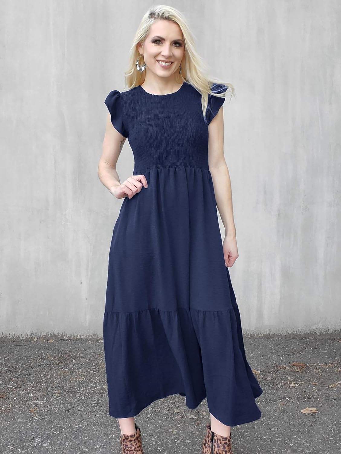OFEEFAN Casual Dress Womens Maxi Dresses Tiered Dress Long Summer Dress Navy Blue XL - Image 2