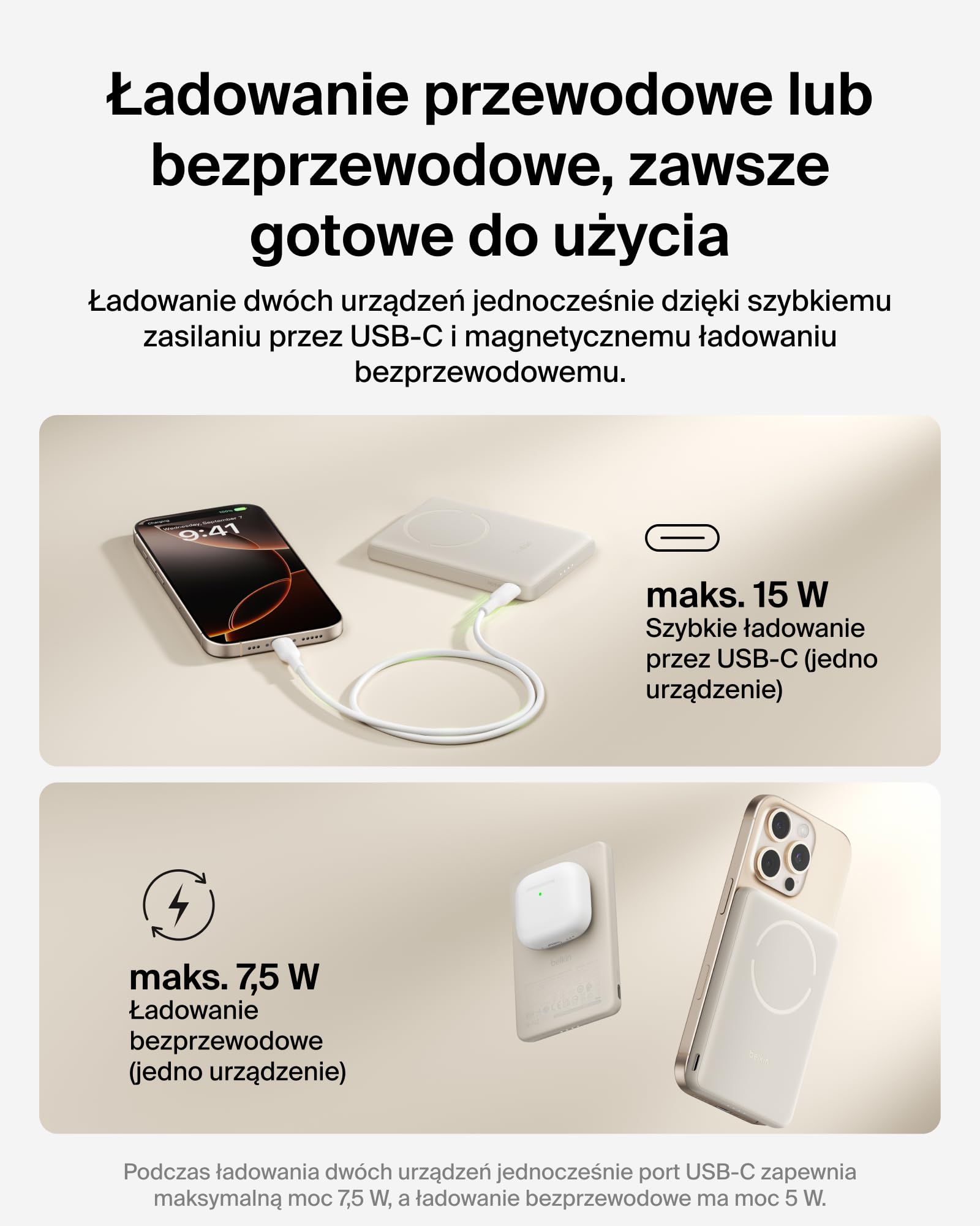 Belkin BoostCharge Magnetyczny Powerbank 5000 mAh z Pierścieniem – Piaskowy | Powerbank Bezprzewodowy 5000 mAh, Pierścień Magnetyczny do Akcesoriów, Port USB-C, Wstępnie Naładowany, Kabel w Zestawie