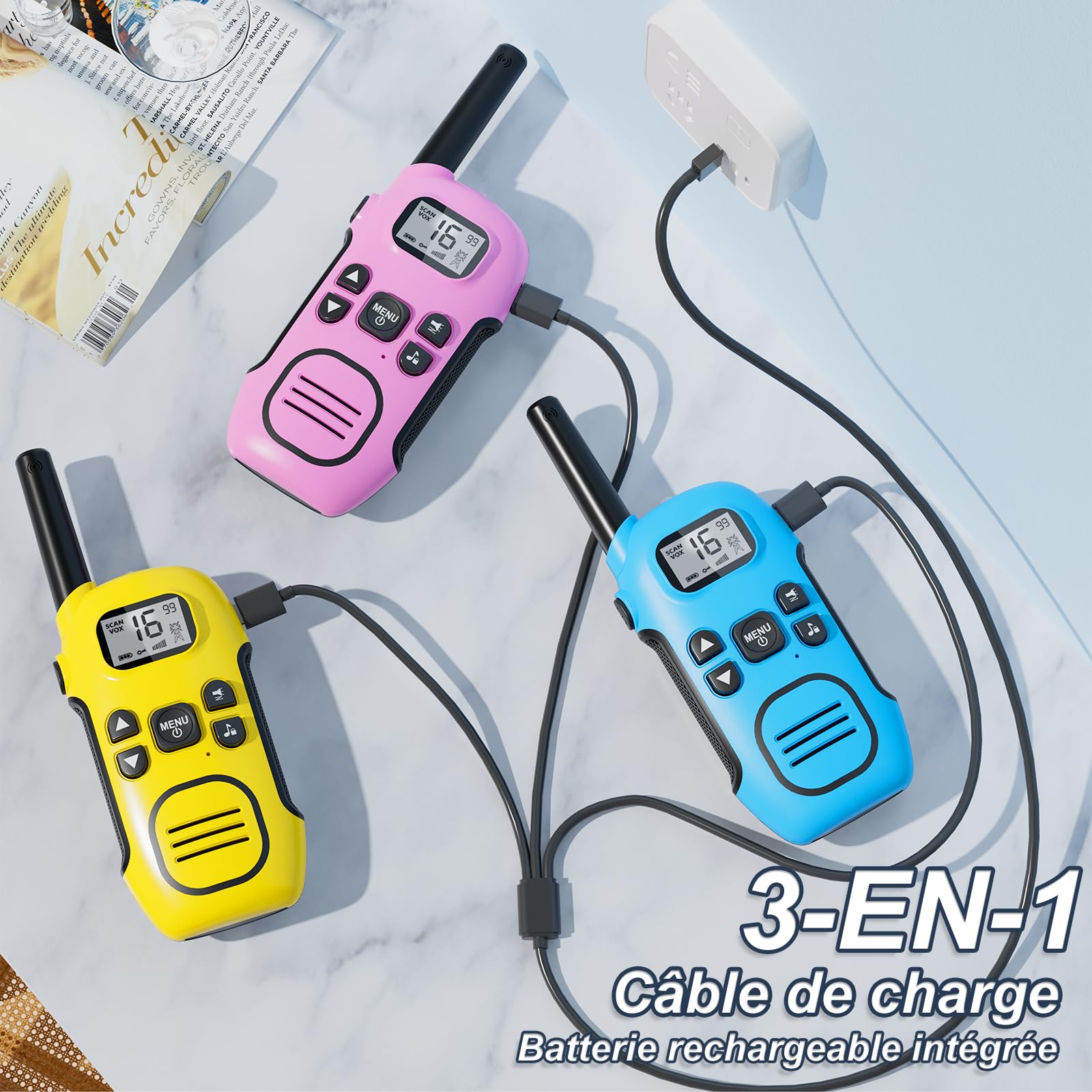 Talkie Walkie Enfants Rechargeable, Lot de 2 Longue Portée 3 KM Talkies-Walkies, 16 Canaux VOX et Lampe Torche, pour Jeux en Extérieur, Camping et Randonnée, Jouet Cadeau pour Filles et Garçons