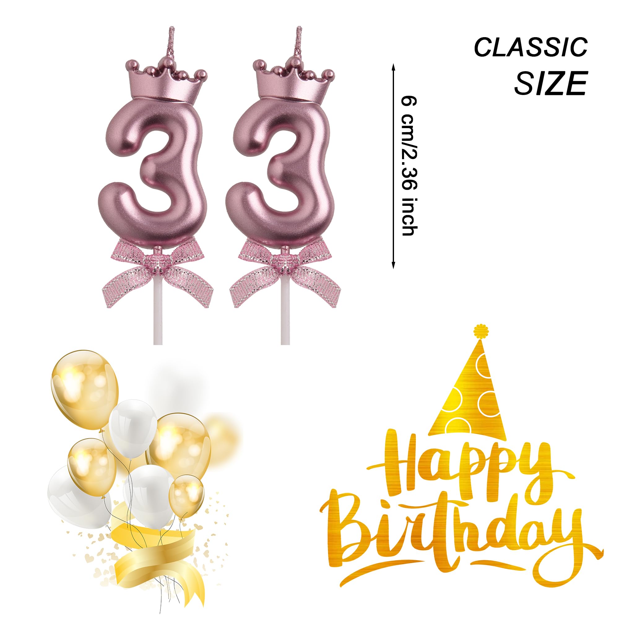 Vela de cumpleaños número 33 de oro rosa | Vela de cumpleaños número 33 sin humo con decoración de corona y lazo para decoración de tartas