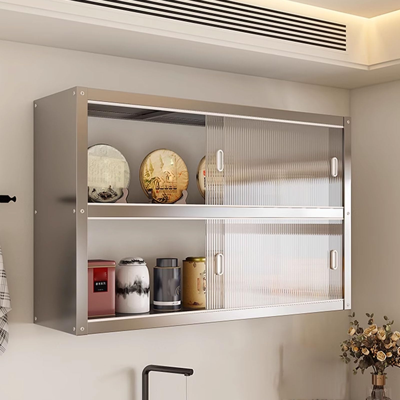 Pensili Cucina Vetrinetta Espositiva Da Parete Capacità Di Carico Di 25 Kg for Singolo Strato Realizzato in Acciaio Inossidabile Dotato Di Ante Scorrevoli Trasparenti Pensile Bagno(70 * 30 * 70cm)