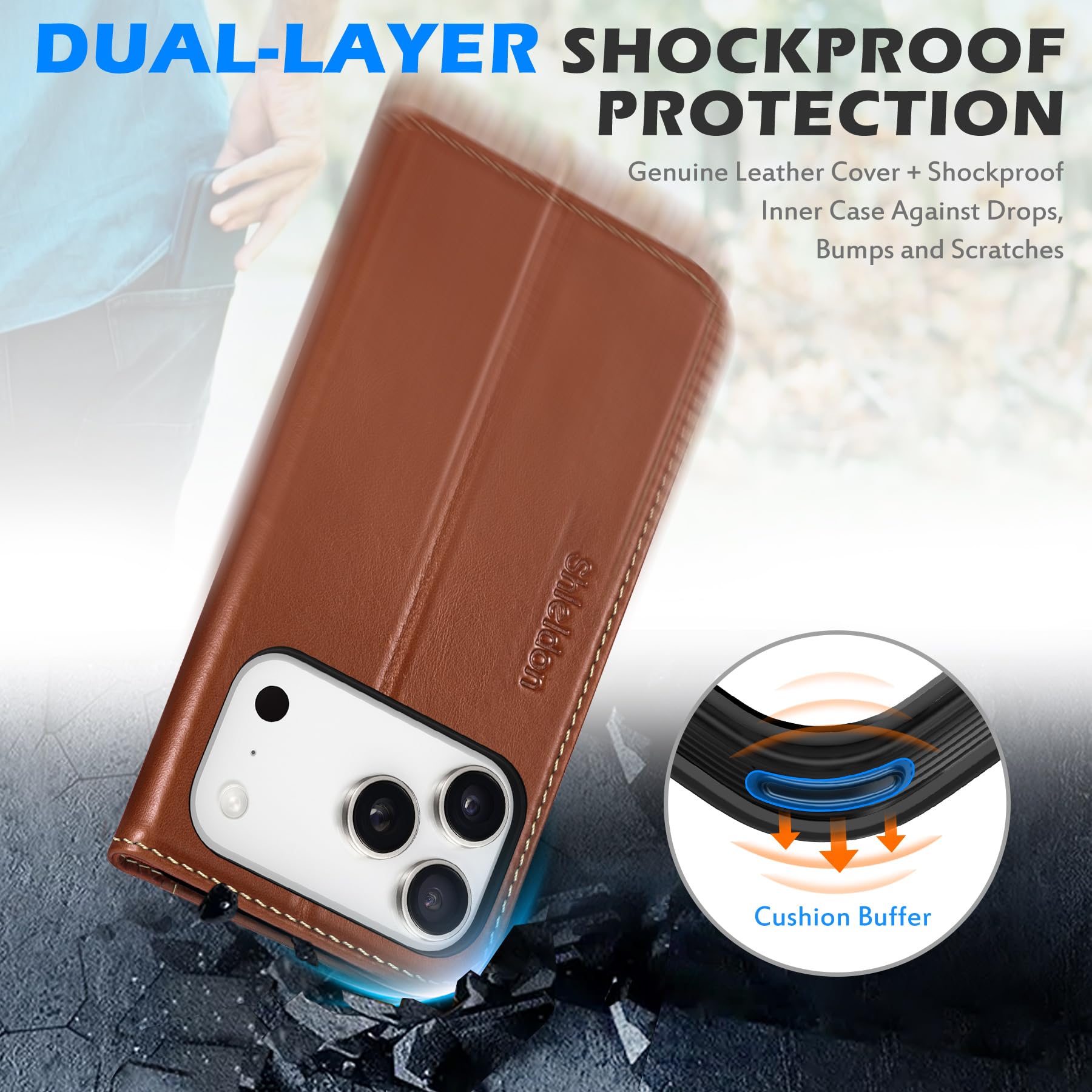 SHIELDON Hoesje voor iPhone 17 5G, [Kaartenvak] [Standfunctie] [RFID-blokker] TPU compatibel met iPhone 17 6,3 2025 - Retro Lichtbruin