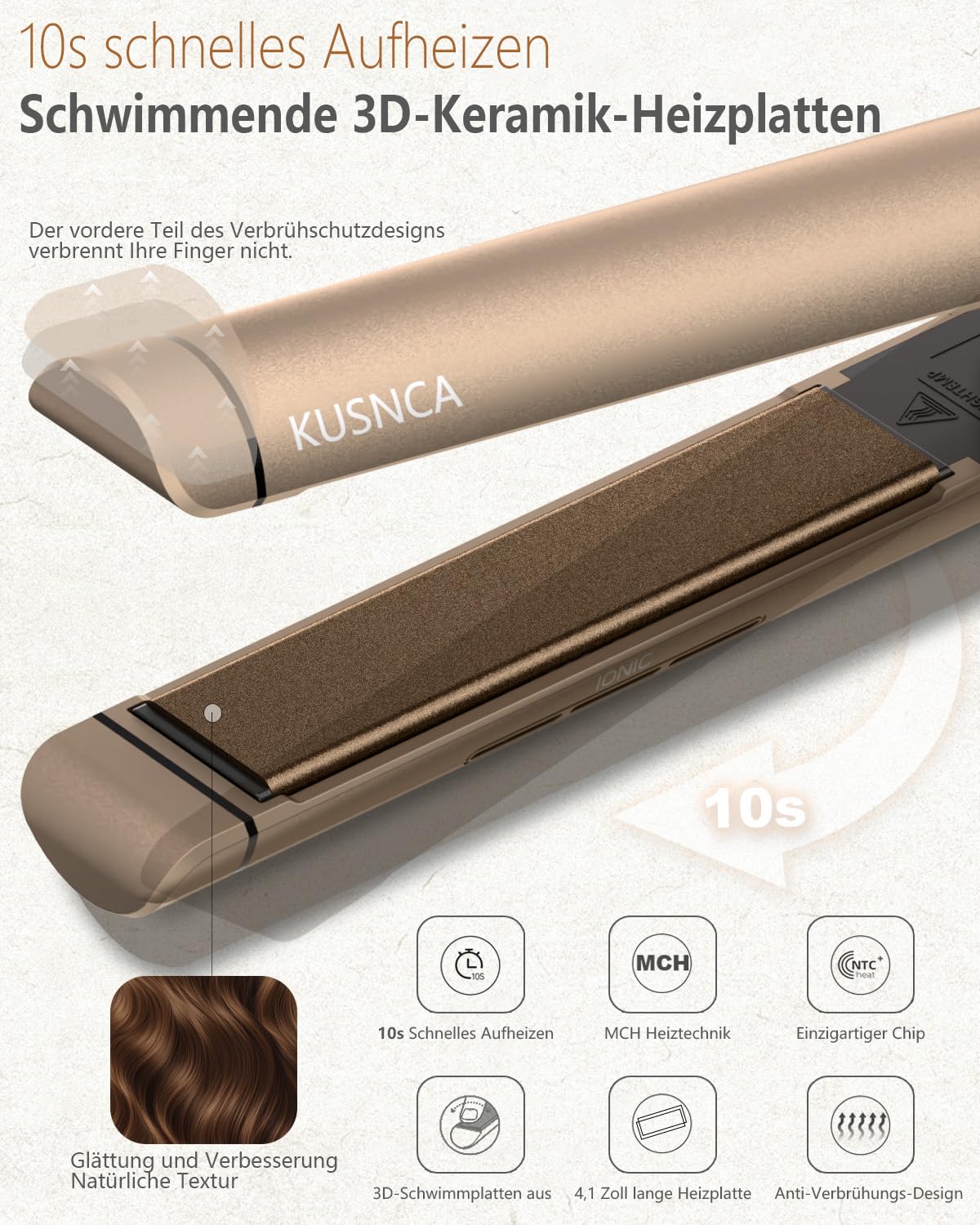 KUSNCA Ionen Glätteisen, 2 IN 1 Haarglätter Locken und Glätten | Doppelseitige Ionentechnologie und Keramikplatte, Anti-Frizz-und Glanz-Effekt,Temperatur(110-230℃)Heim-und Reisepaket,Gold