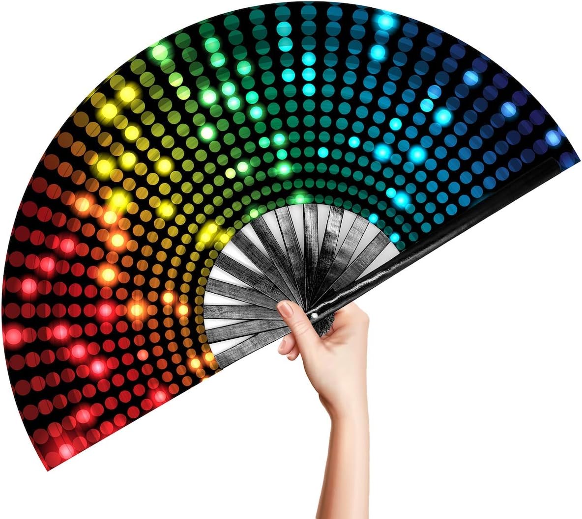 OMyTea Large Bamboo Rave Festival Folding Hand Fan for Men/Women - Chinese Japanese Handheld Fan with Fabric Case - for Electronic Dance Music Party, Performance, Decorations, Gift (Disco Lights Dots)