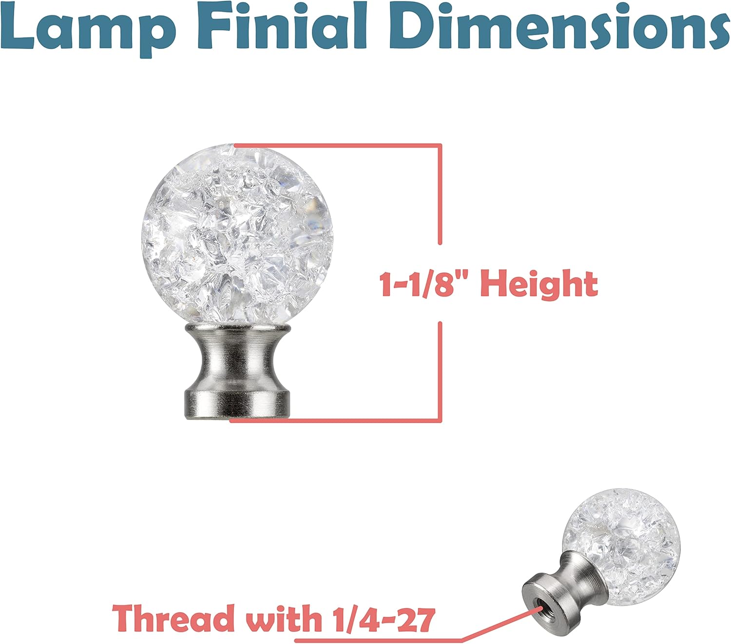 Aspen Creative 24047-09-1, Clear K9 Crystal Ball with Crackle Texture 1-1/8" Finial for Lamp Shade, Brushed Nickel Base