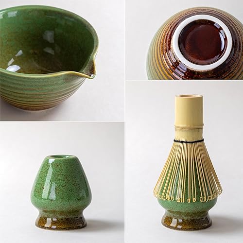 Miniatura 3 de Juego tradicional de ceremonia de té Matcha con cuenco de cerámica, batidor de bambú, soporte y colador, 5 piezas (verde)