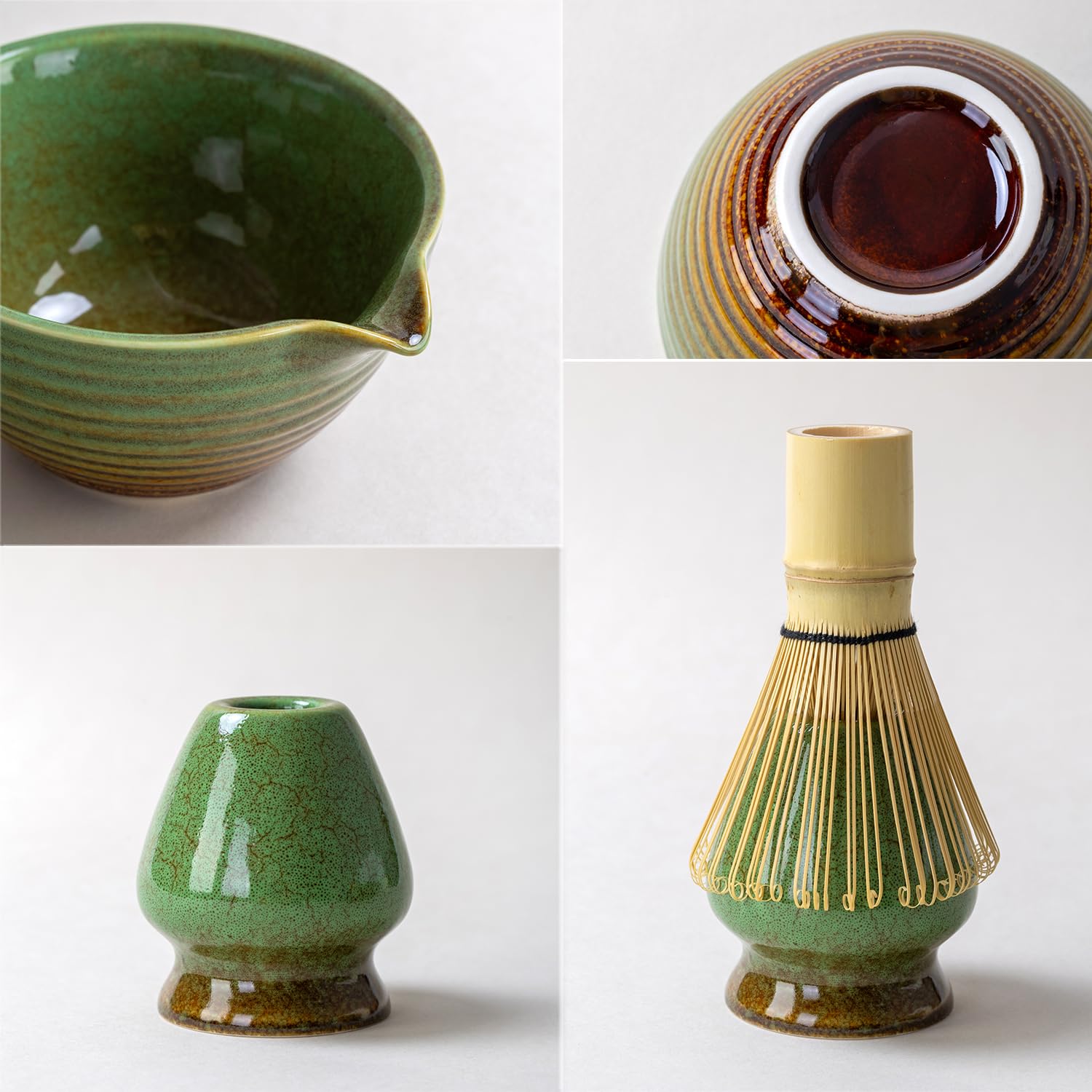 Service traditionnel de cérémonie du thé matcha avec bol en céramique, fouet en bambou, support et passoire, 5 pièces (vert)