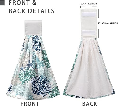 Miniatura 3 de Juego de 2 toallas de mano colgantes de verano, color azul coral, juego de 2 toallas de cocina de playa y océano, toallas de baño costeras de