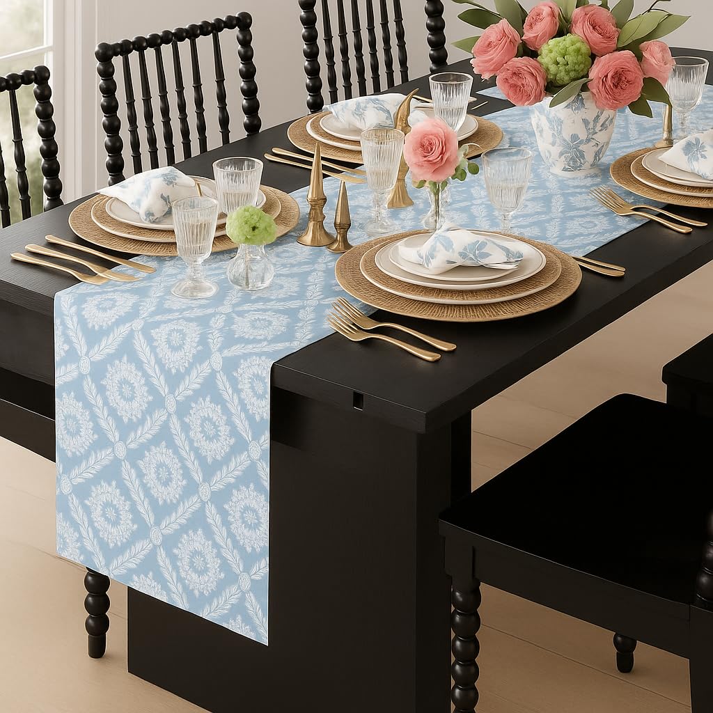 WWW.THROWPILLOW.IN Powder Blue Floral Pattern Bedside Table Runner 13x60 Inch| Chic Table Runner for 4 Feet Long Bedroom Side Table, Nightstand, Bedside Cabinet, Bed Table |Diwali Decor, Living Room