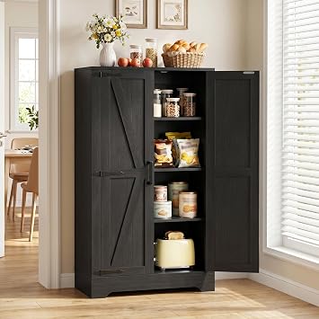 Unikito Kitchen Pantry Storage Cabinet with Adjustable Shelves, Black | Small Farmhouse Storage Cupboard, Barn Doors, Freestanding Bathroom Floor Cabinet for Kitchen/Living Room/Bathroom/Office
