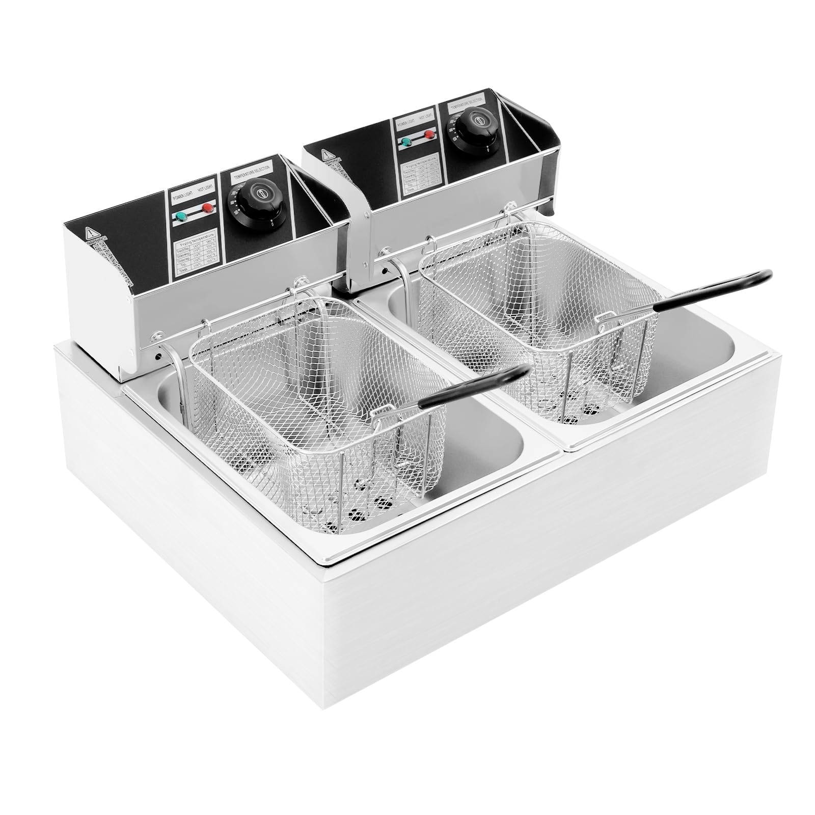 Freidora Eléctrica Profesional 2.5KW+2.5KW, Doble Tanque 12L con Escurridor, Cesta y Tapa, Acero Inoxidable Freidora Eléctrica Comercial para Restaurantes Comerciales