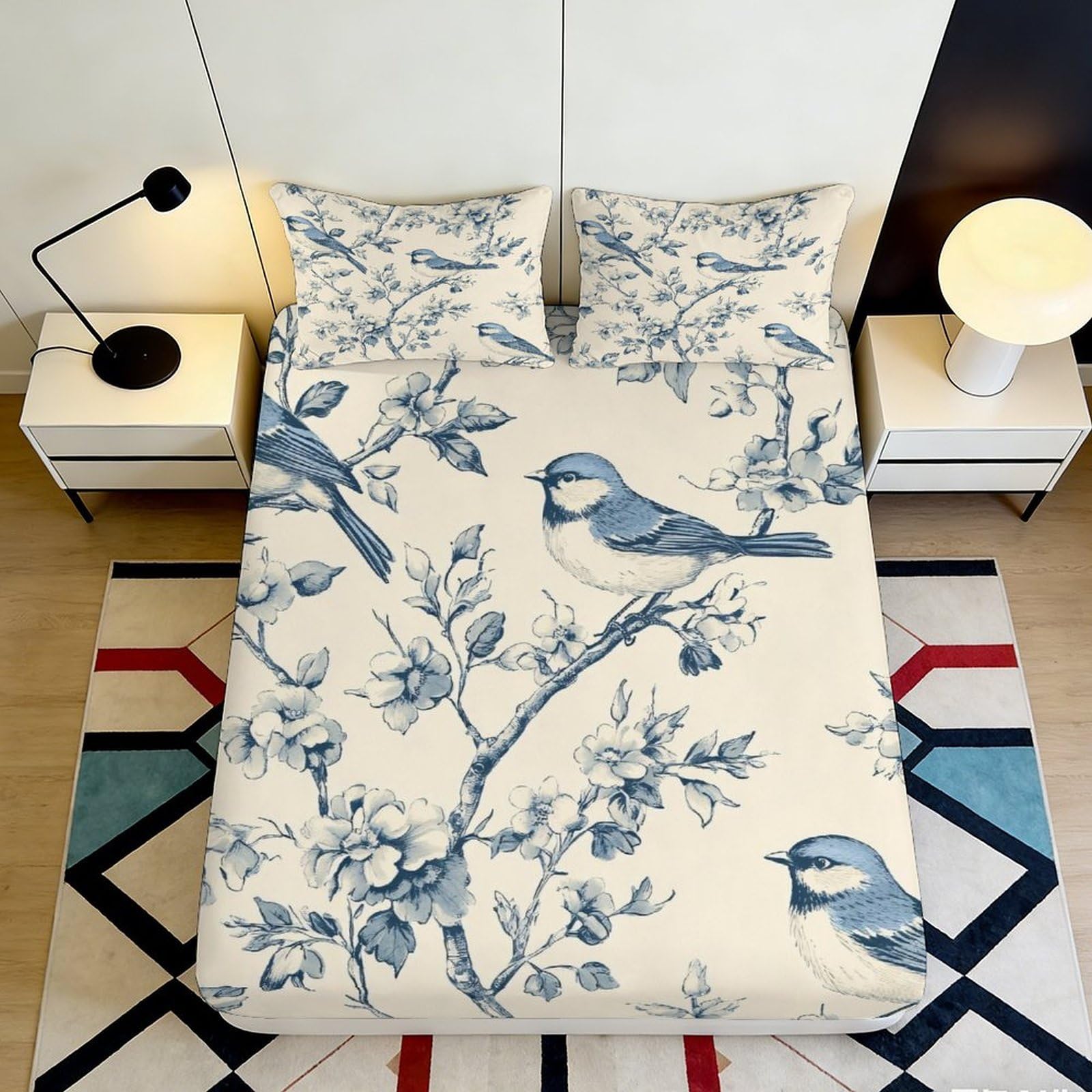 Pnayamiorkfel Style-8 3D Printed Blue Bird Blossom Fitted Sheet Microfiber Bedroom Decor Bed Cover For Home Guest Room Dorm Mattress Protection 90X200x25cm