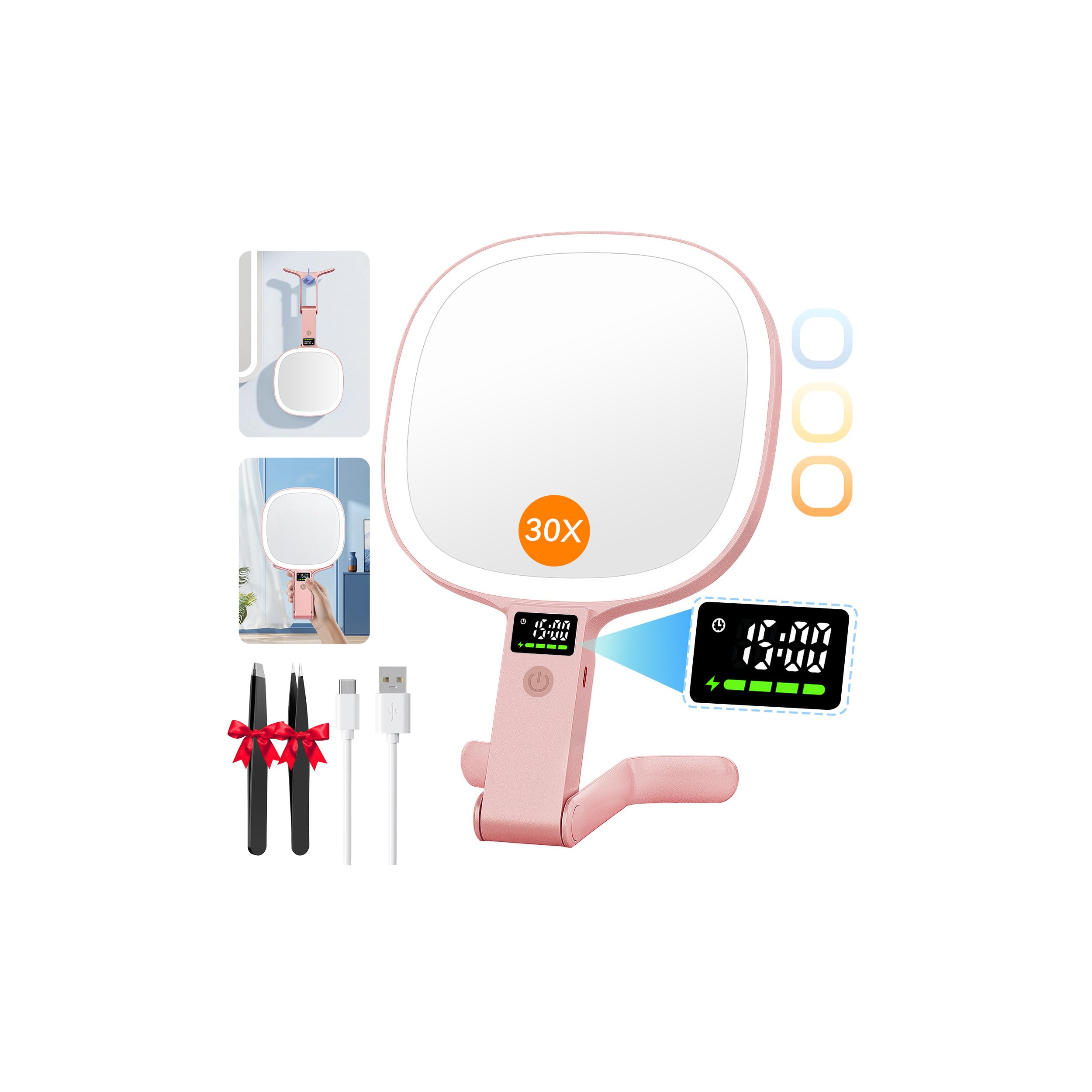 Auxmir Magnifying Mirror with Light, Double Sided 30X/1X, LED Display Screen Makeup Mirror, 2500mAh Battery, 3 Colors, Handheld Tabletop Hanging with 2 Tweezers for Travel Offices Bedroom, Rose Pink