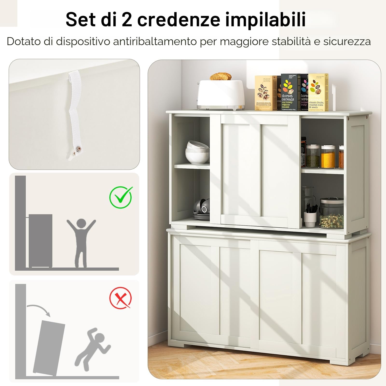 KOMFOTTEU Credenza Cucina con Ripiano Regolabile, Dispositivi Anti-Ribaltamento e Ante Scorrevoli, Mobile Buffet Dispensa Cucina in MDF, Armadietto a Buffet per Sala da Pranzo, 107x33x60cm (Crema)