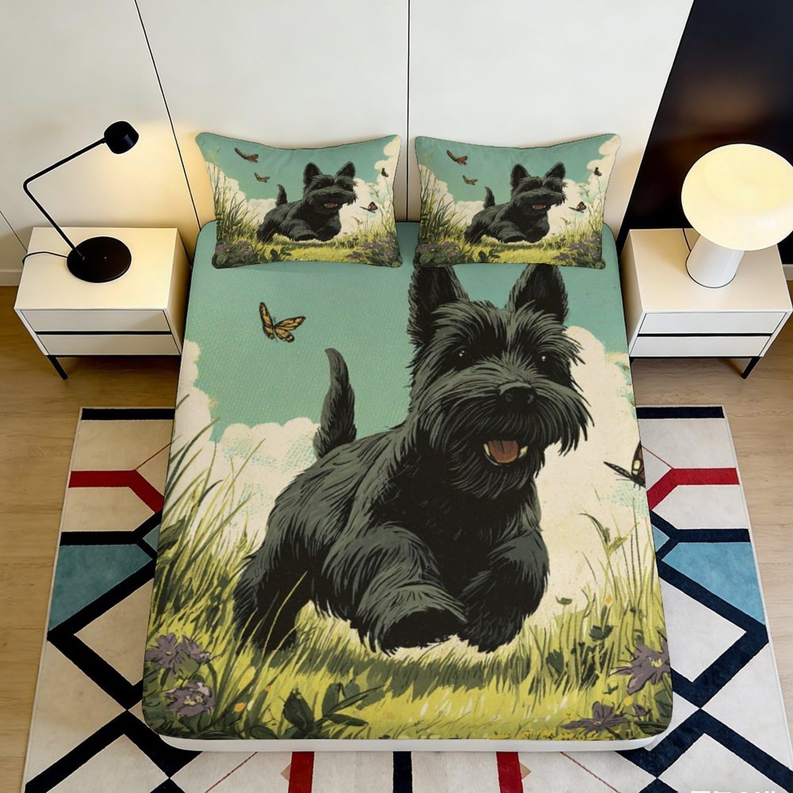 Pnayamiorkfel Style-3 3D Printed Black Terrier Dog Fitted Sheet Microfiber Soft Bedroom Decor Butterfly Bed Cover Anti-Dust For Home Guest Room 90X200x25cm