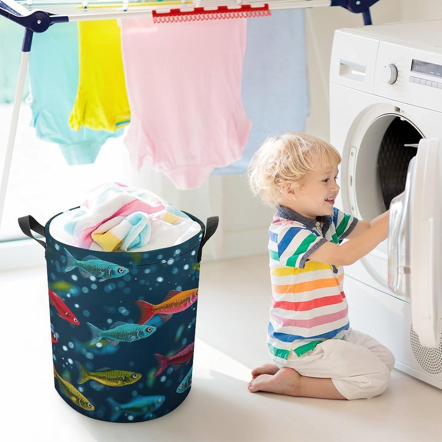 Underwater Colorful Minnows Laundry Basket Collapsible Clothes Hamper with Reinforced Handles Large Capacity Waterproof Laundry Bag Freestanding Laundry Hamper for Bedroom Bathroom