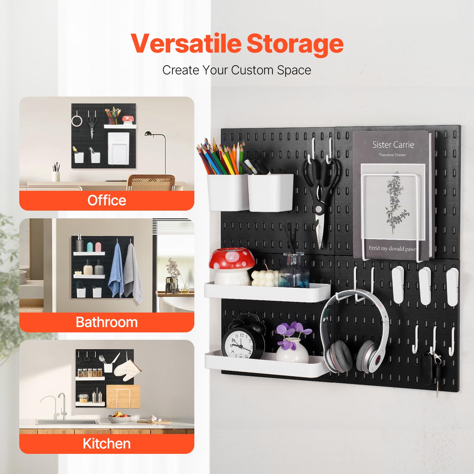VEVOR Panneau Perforé Mural 280x280 mm Organiseur Garage en Plastique avec 4 Panneaux Perforés, Accessoires, Kit Rangement d'Outils pour Bureau, Salle d'Artisanat, Maison, Entrepôt, Magasin, Noir
