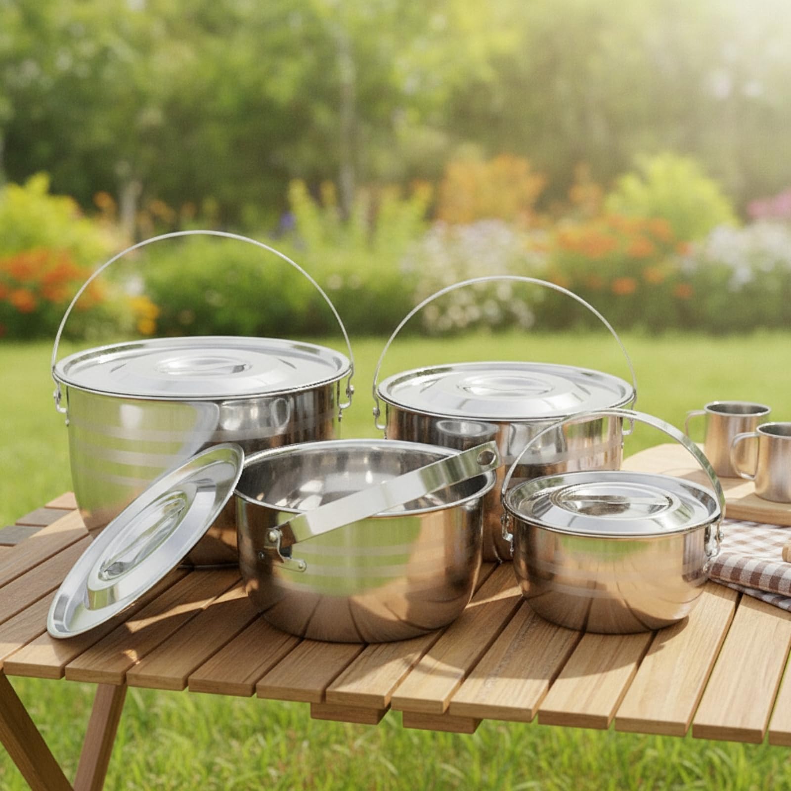 4 Pièces Équipement Culinaire Camping En Inox Compact Kit Cuisson avec Sac Transport Facile à Nettoyer Vaisselle pour Randonneurs, Pique-Nique