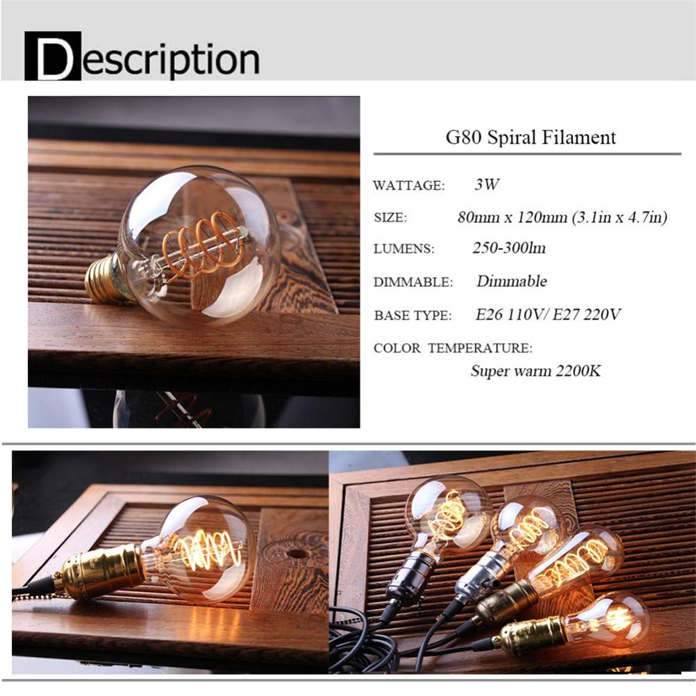 G80 a spirale flessibile filamento della lampadina del globo lampadine dimmable Vintage luce E27 / LED 220V lampadina anticato vetro lampade Edison lampadina, Per la casa lampadina dimmerabile,6pcs