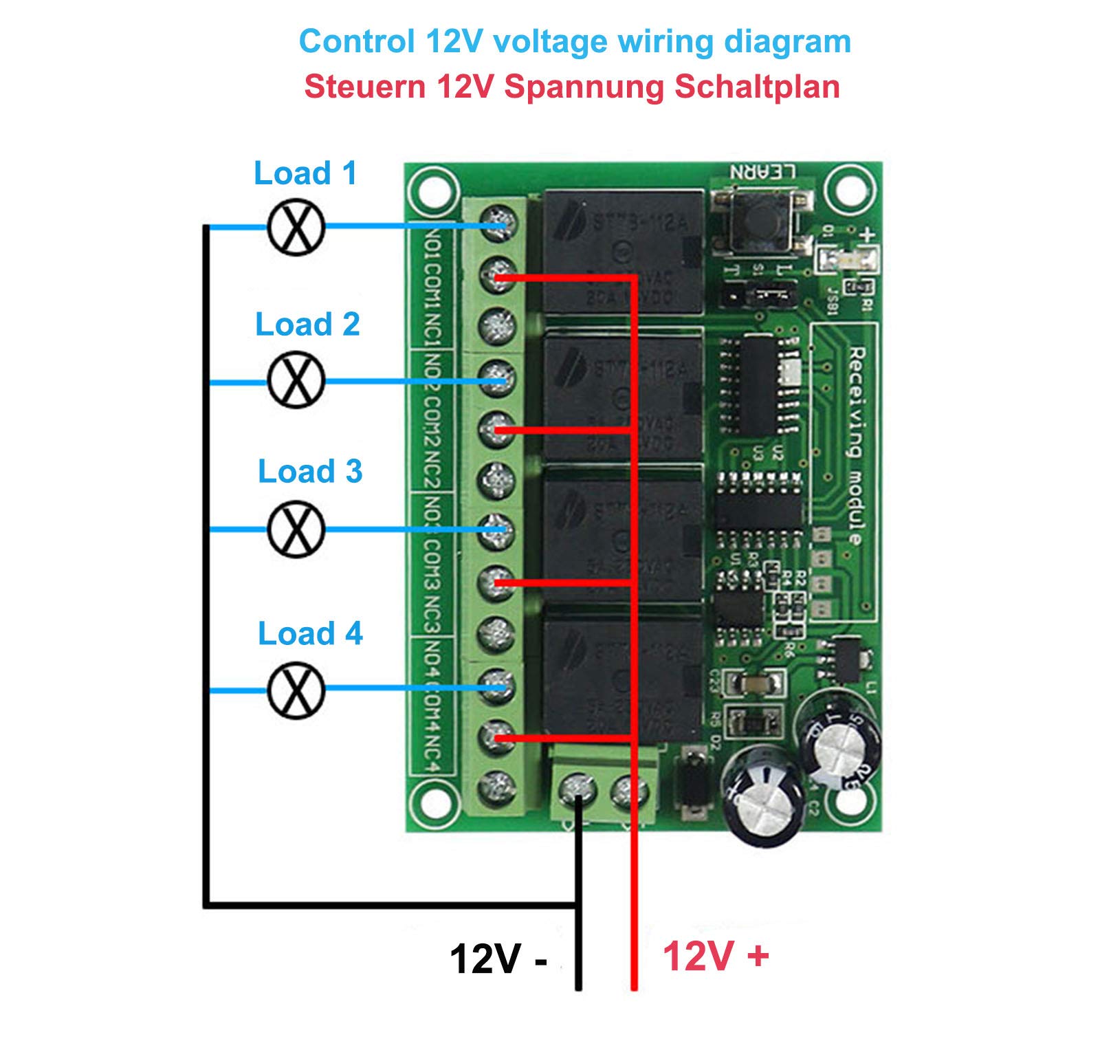 Interruptor de control remoto de 12 V y 24 V CC, relé de 4 canales, receptor con mando a distancia de metal