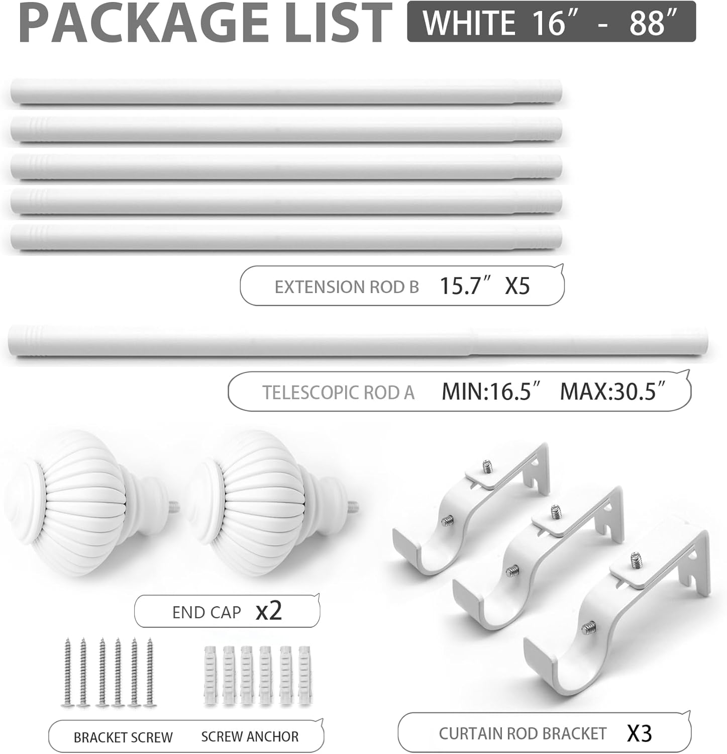 Decorative Vintage Window Curtain Rods 16-88 Inches, Adjustable Drapery Rods for Living Room, Bedroom, White