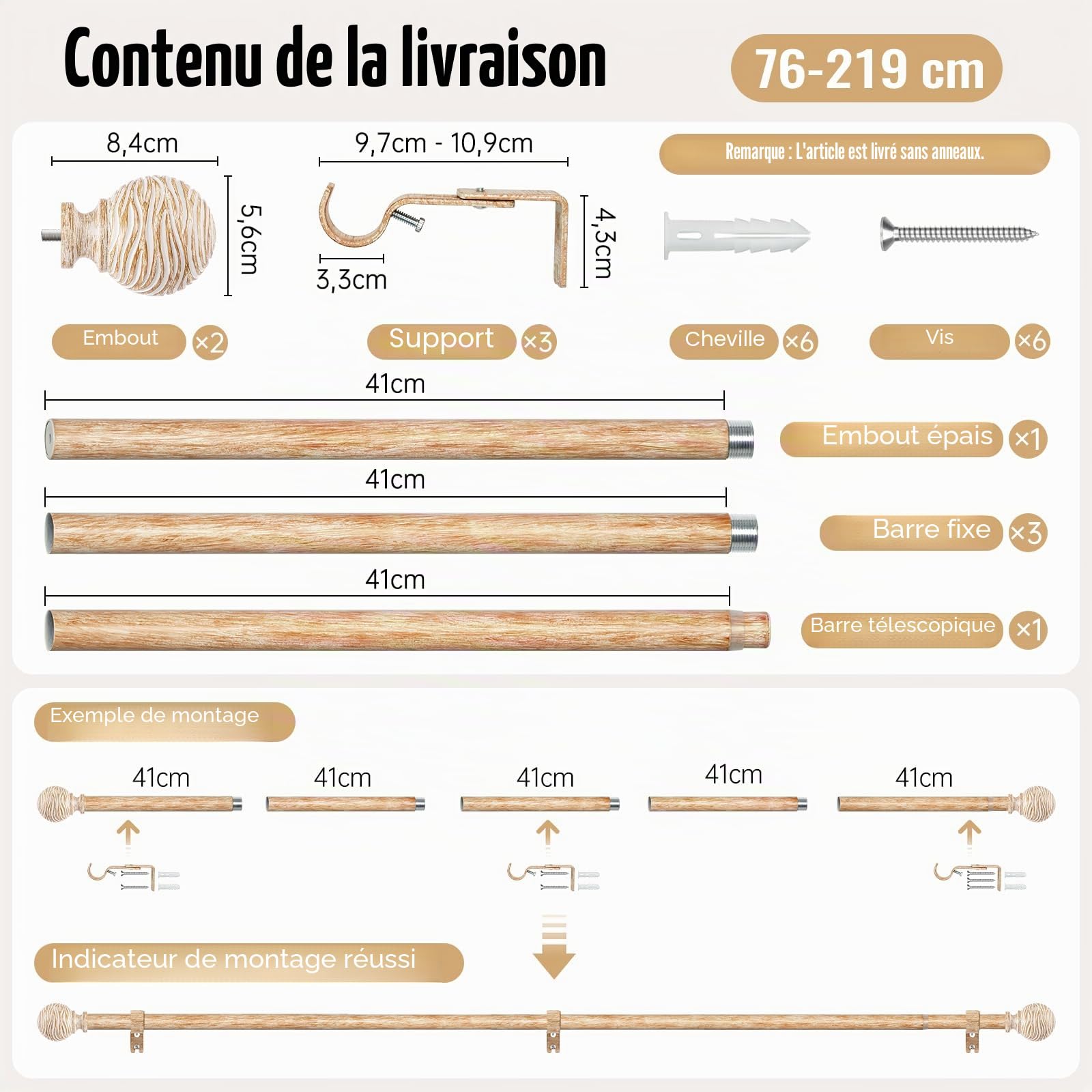 Tringle à Rideau Extensible 76-219 cm | Ø 25 mm à Aspect Bois | Montage Mur ou Plafond | Pour Salon, Chambre & Terrasse, Brun